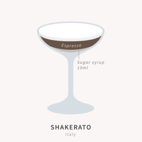 An graphic of a martini glass filled with sugar syrup and espresso