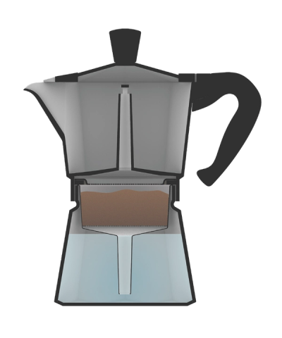 Cross section view of a moka pot filled with water and coffee.