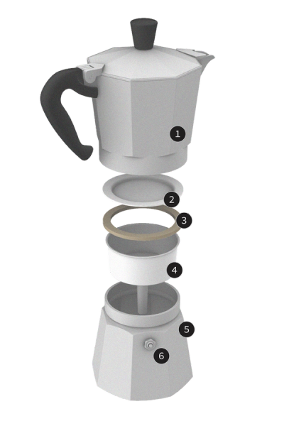 An exploded view of a moka pot showing all the main parts.