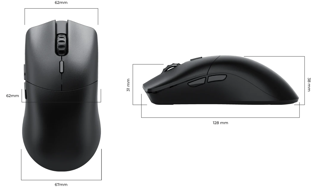 Model O 2 PRO mouse shown with dimensions