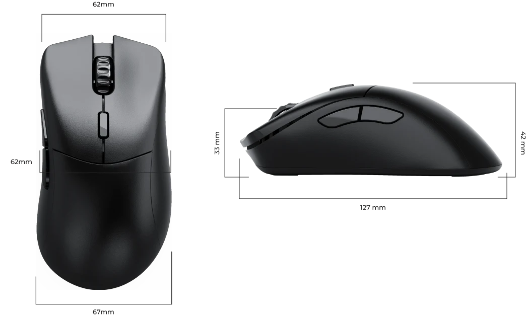 D 2 PRO mouse with dimensions