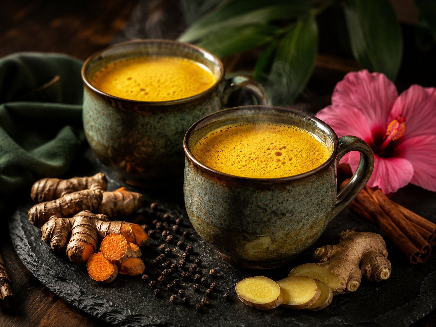 Two mugs of golden turmeric latte with turmeric root and cinnamon on a dark surface