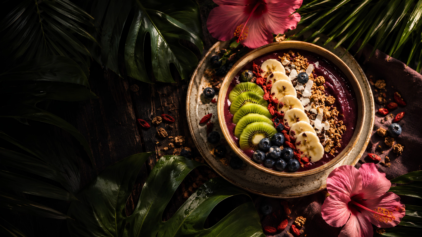 A vibrant acai bowl with hibiscus flowers on a dark tropical leaf background
