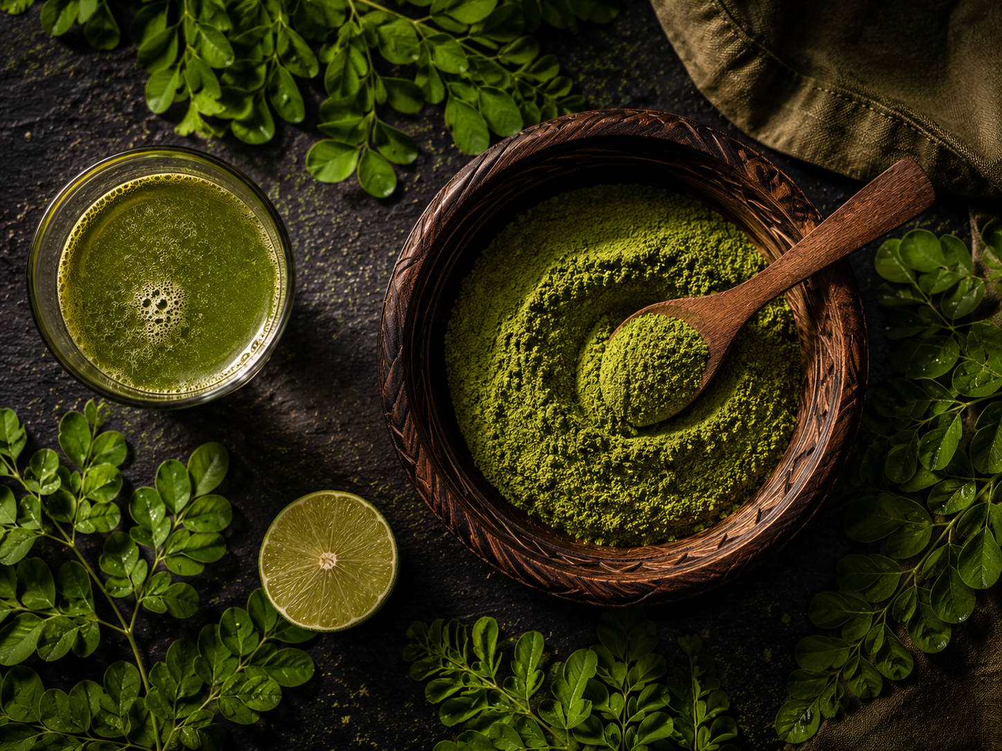 Bright green moringa powder in a carved wooden bowl with a wooden spoon