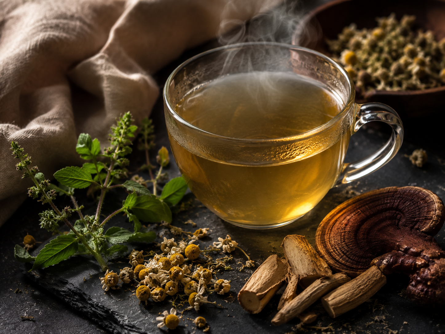 A glass cup of pale herbal tea surrounded by dried chamomile flowers on a dark surface