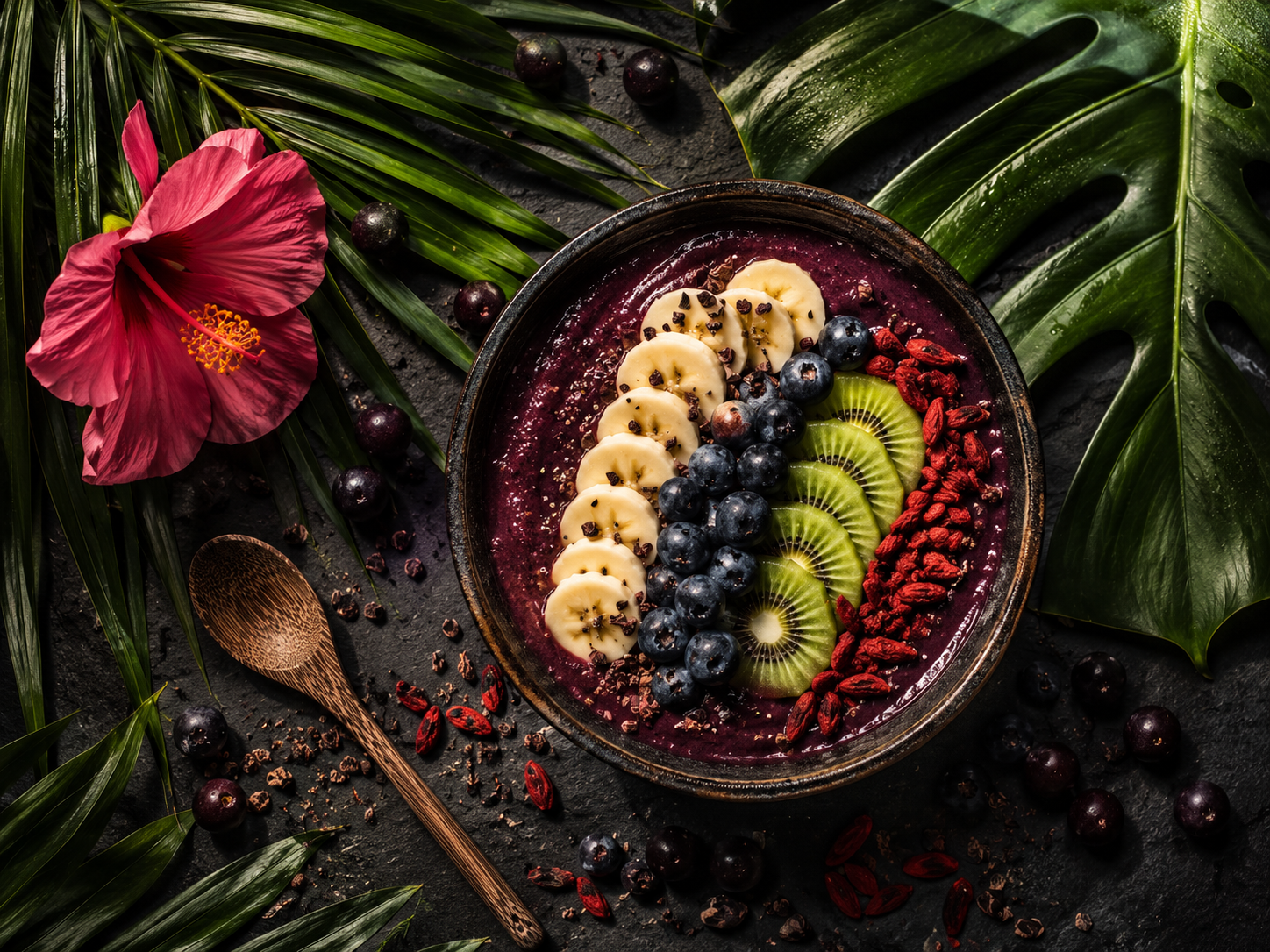 An overhead acai bowl topped with banana, kiwi and blueberries on a dark tropical leaf background