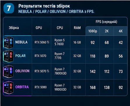 Таблиця середнього FPS у Battlefield 6 для збірок NEBULA, POLAR, OBLIVION і ORBITRA в 1080p, 2K і 4K