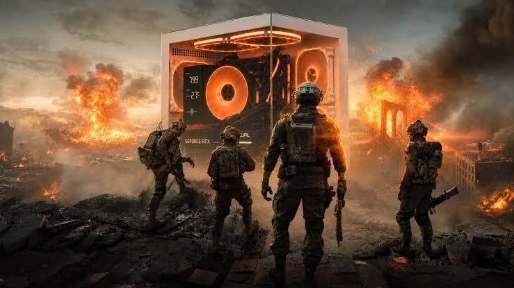 Ігровий ПК Kondor PC з GeForce RTX на тлі бійців у розпал бою Battlefield 6 з вибухами та руйнуваннями