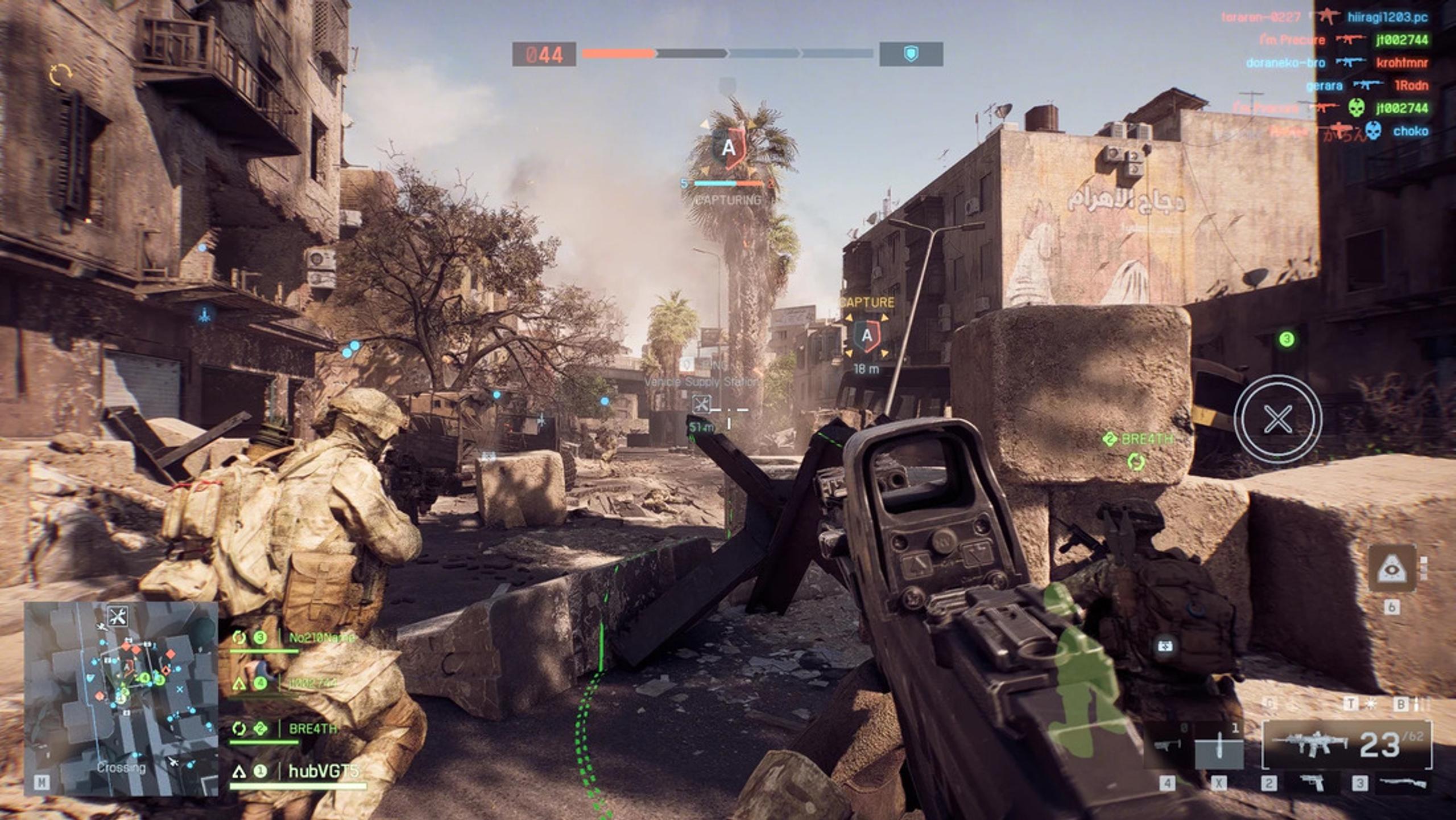 Геймплей Battlefield 6 бій за точку захоплення A на карті з міською забудовою, вид від першої особи зі зброєю та HUD