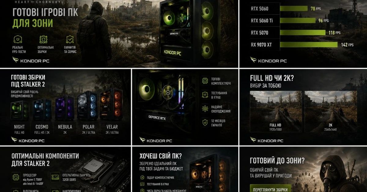 Ігровий ПК Kondor PC для STALKER 2: реальні збірки NIGHT, COSMO, NEBULA, POLAR, VELAR з тестами FPS у Зоні