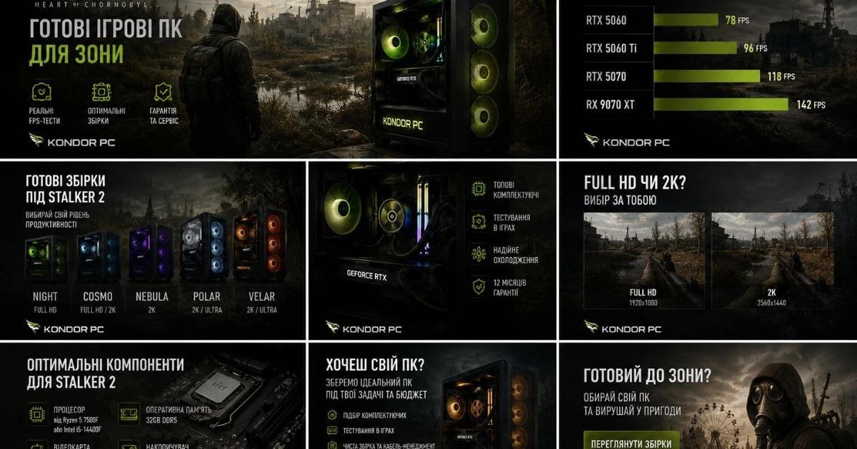 Ігровий ПК Kondor PC для STALKER 2: реальні збірки NIGHT, COSMO, NEBULA, POLAR, VELAR з тестами FPS у Зоні