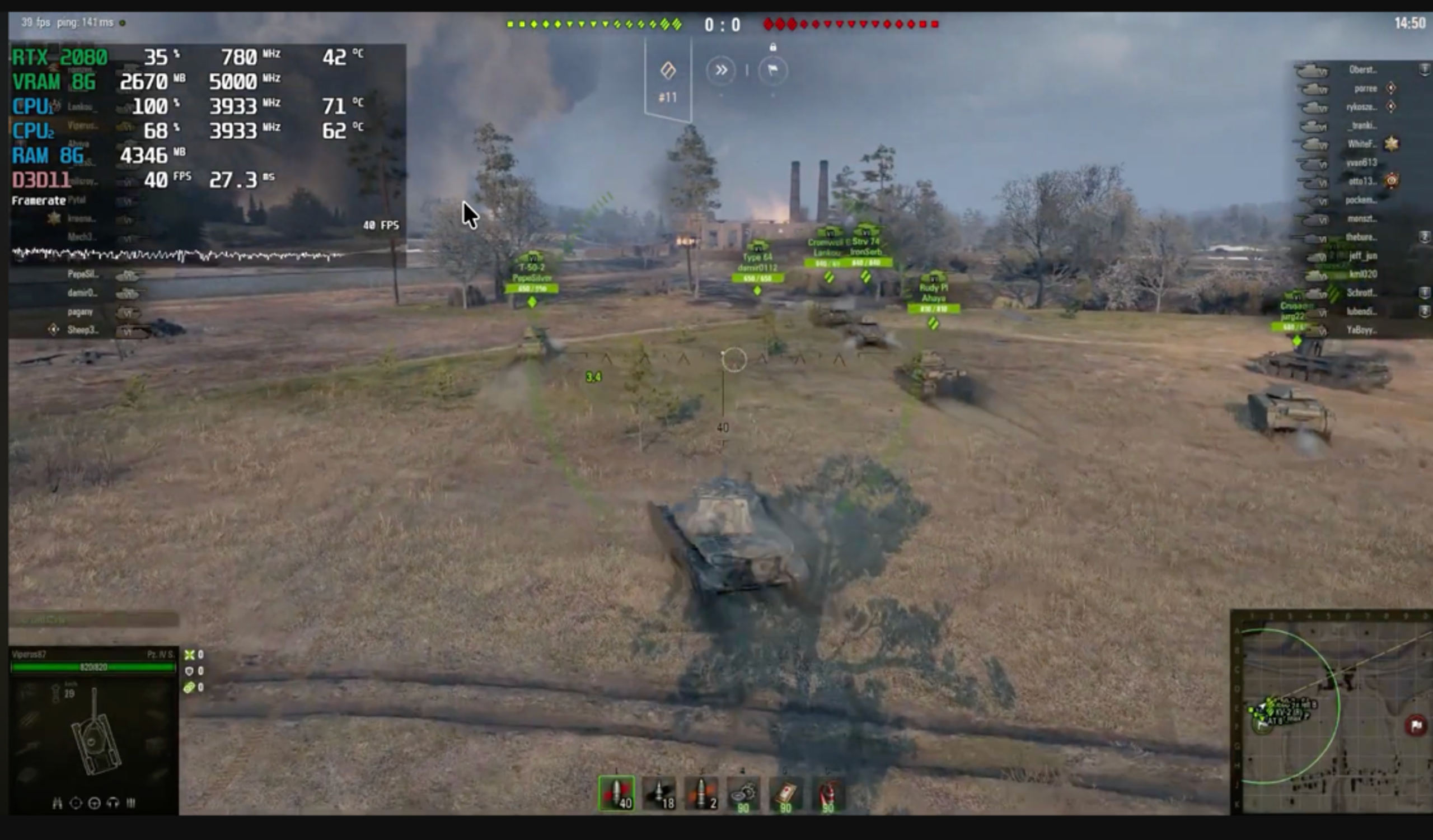Реальний тест World of Tanks на ігровому ПК Kondor PC - оверлей FPS, завантаження процесора та відеокарти під час бою