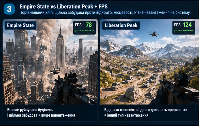Порівняння продуктивності на картах Empire State (78 FPS) і Liberation Peak (124 FPS) у Battlefield 6