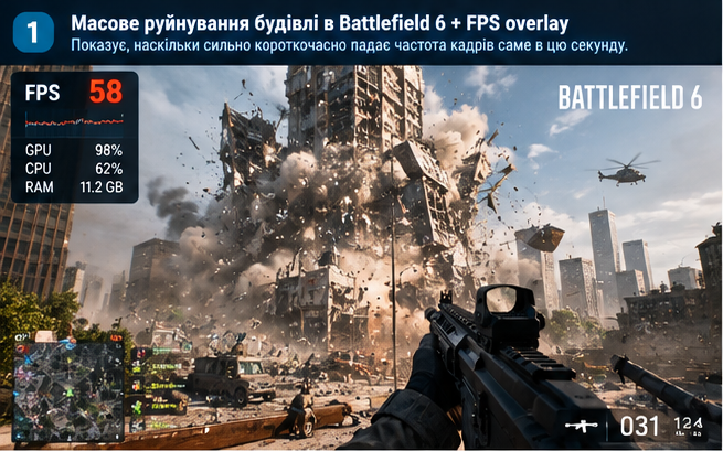 Масове руйнування будівлі в Battlefield 6 з FPS-оверлеєм: 58 FPS, GPU 98%, CPU 62%, RAM 11.2 ГБ