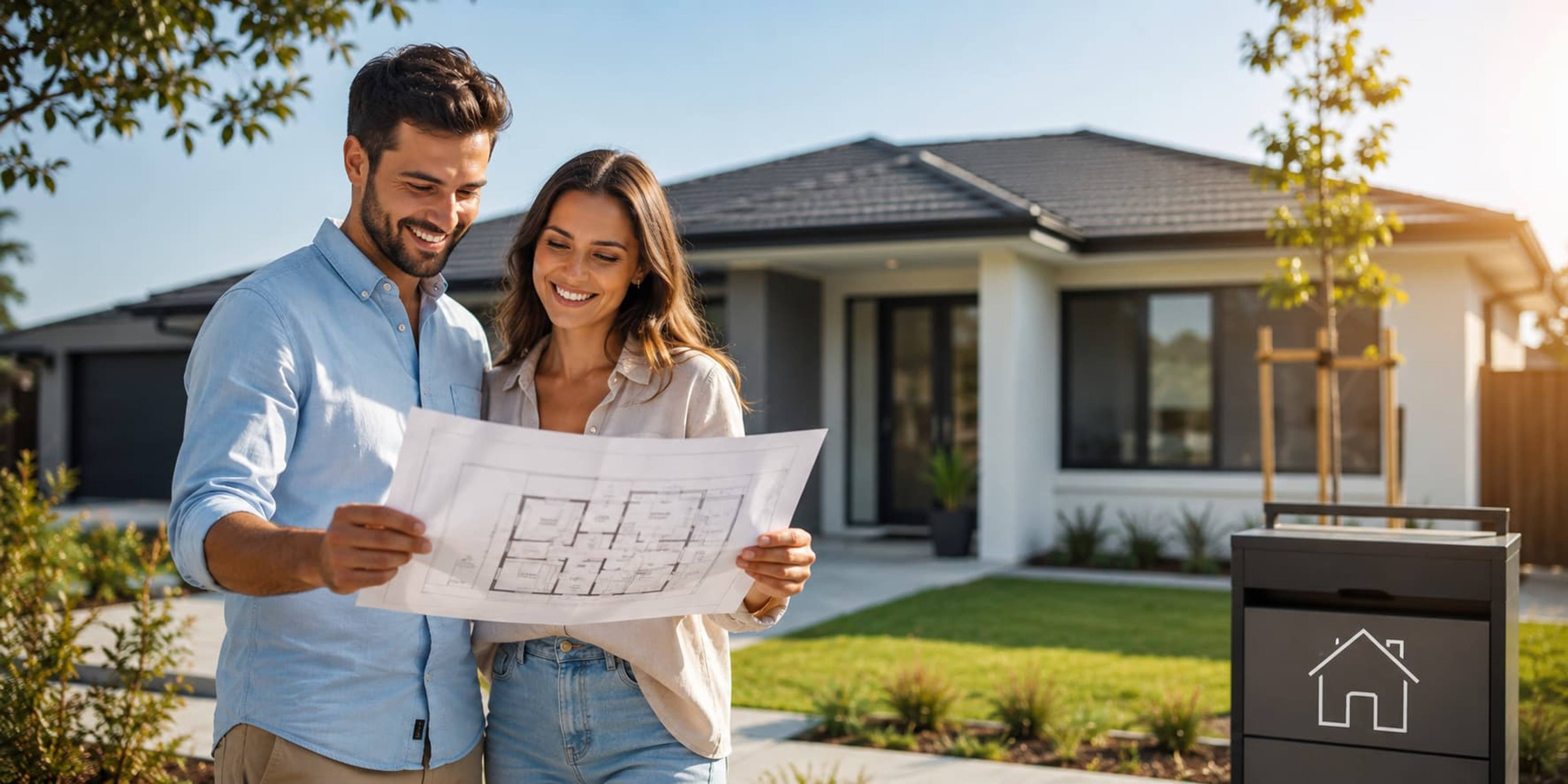 Happy couple reviewing house plans outside their newly built modern home.
