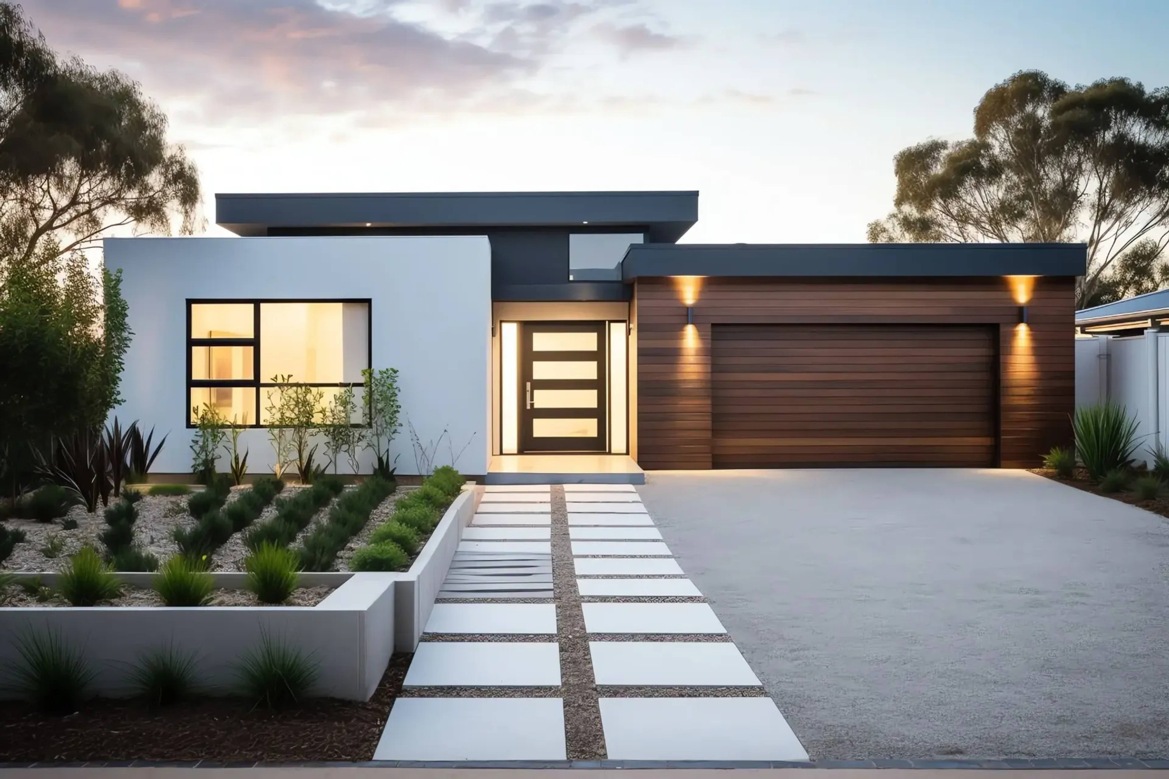 Modern single-storey home with a flat roof design, landscaped front garden and double garage.