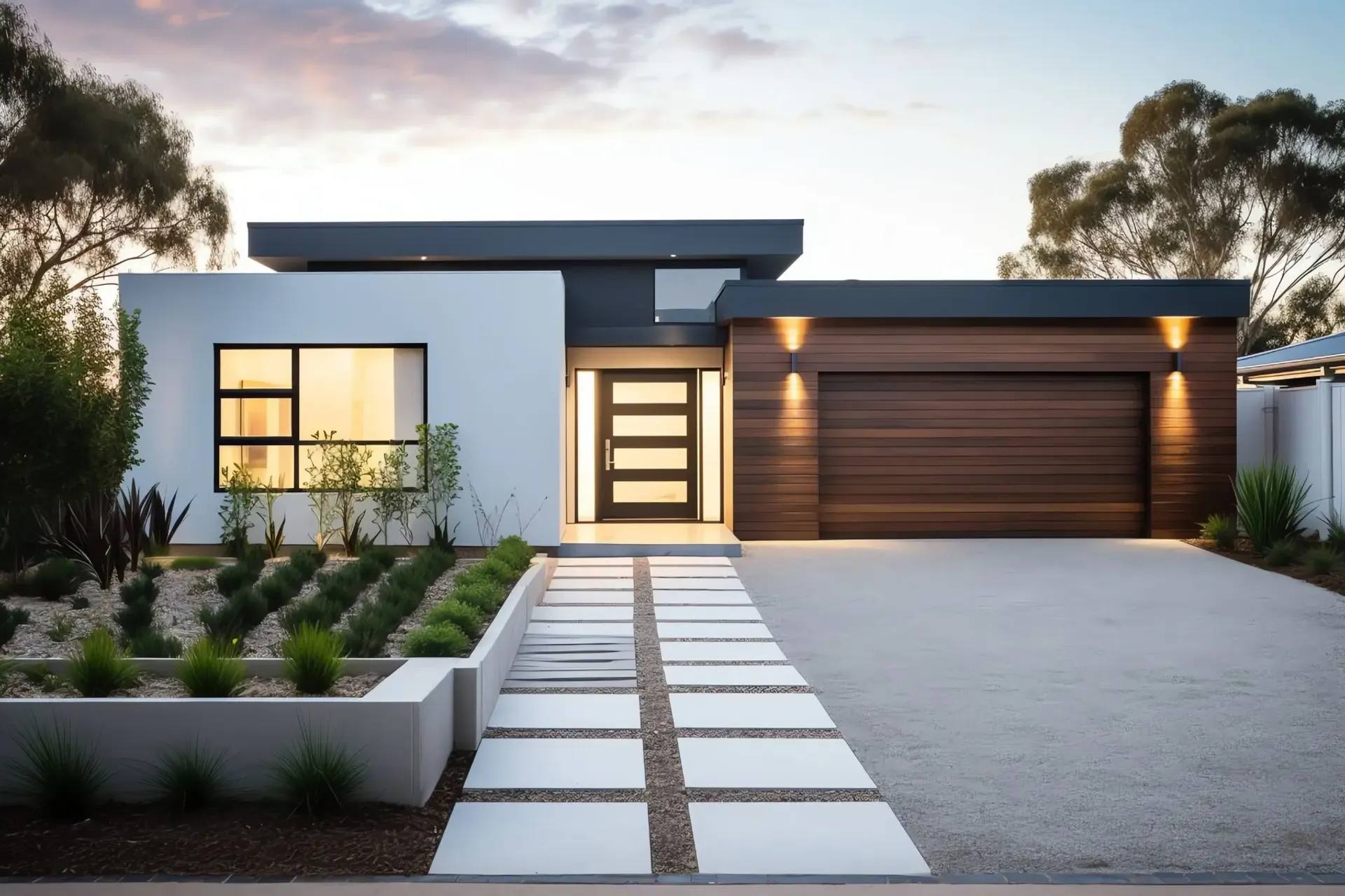Modern single-storey home with a flat roof design, landscaped front garden and double garage.