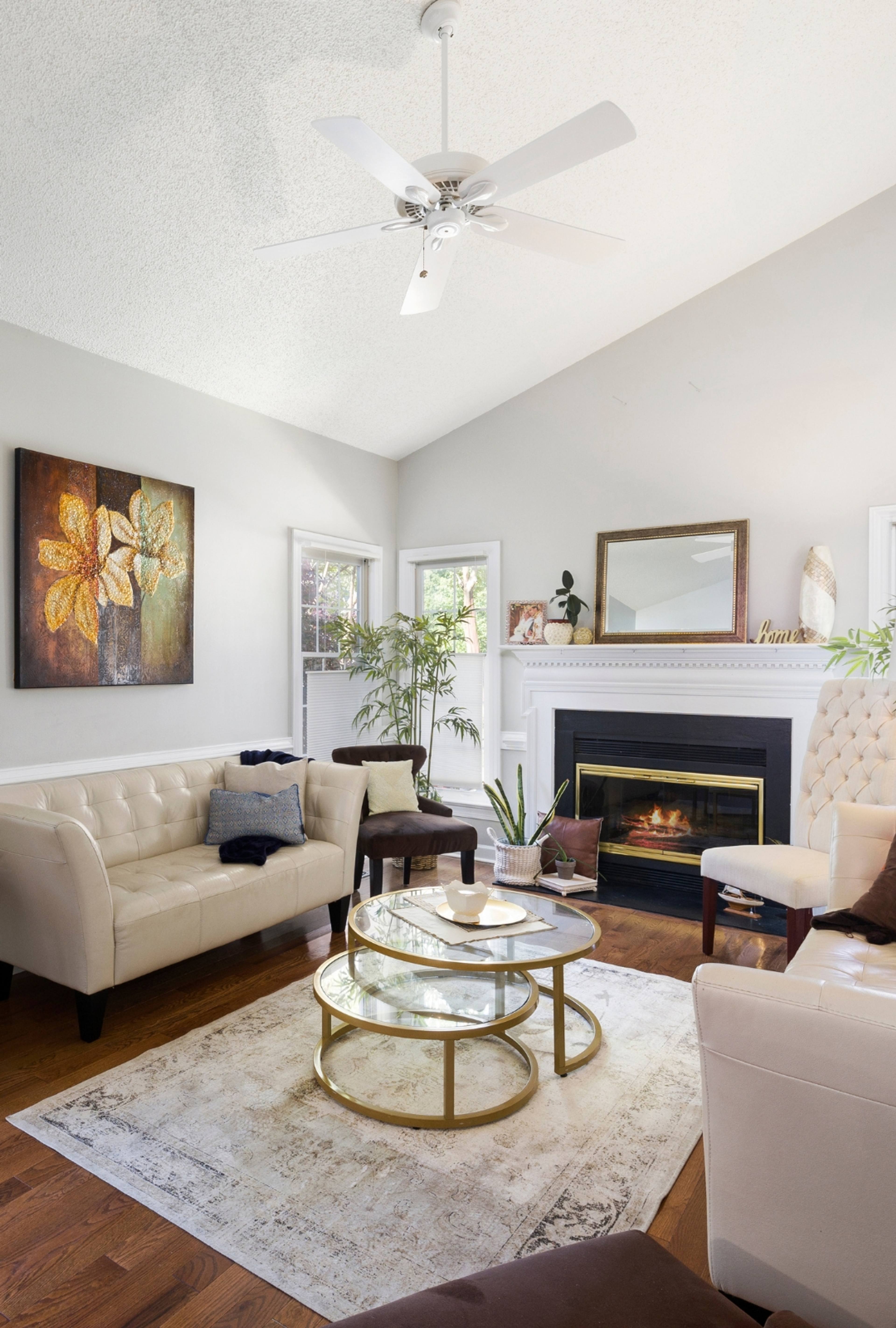 Bright living room with vaulted ceiling, fireplace and elegant furnishings