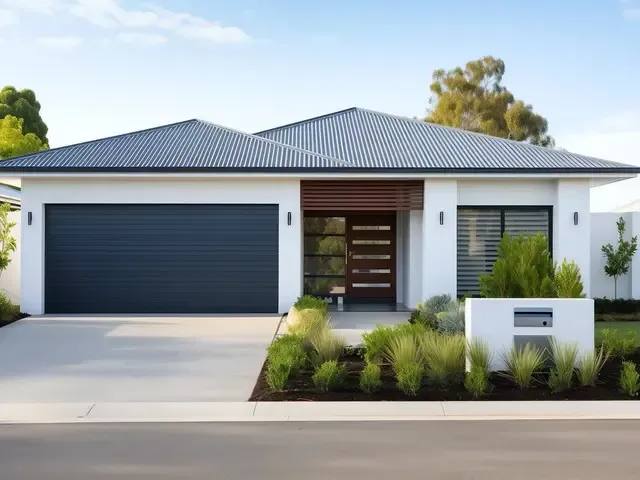 Modern single-storey Homesquare home with contemporary façade, landscaped front garden and double garage in Adelaide.