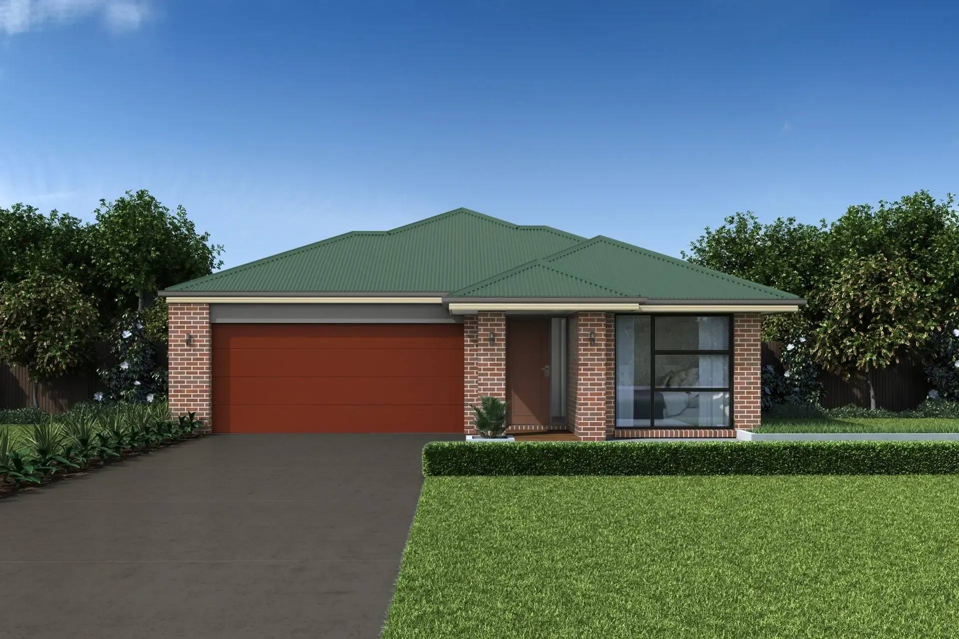 Modern single-storey brick home with a green Colorbond roof, double garage, landscaped front lawn and contemporary street appeal.