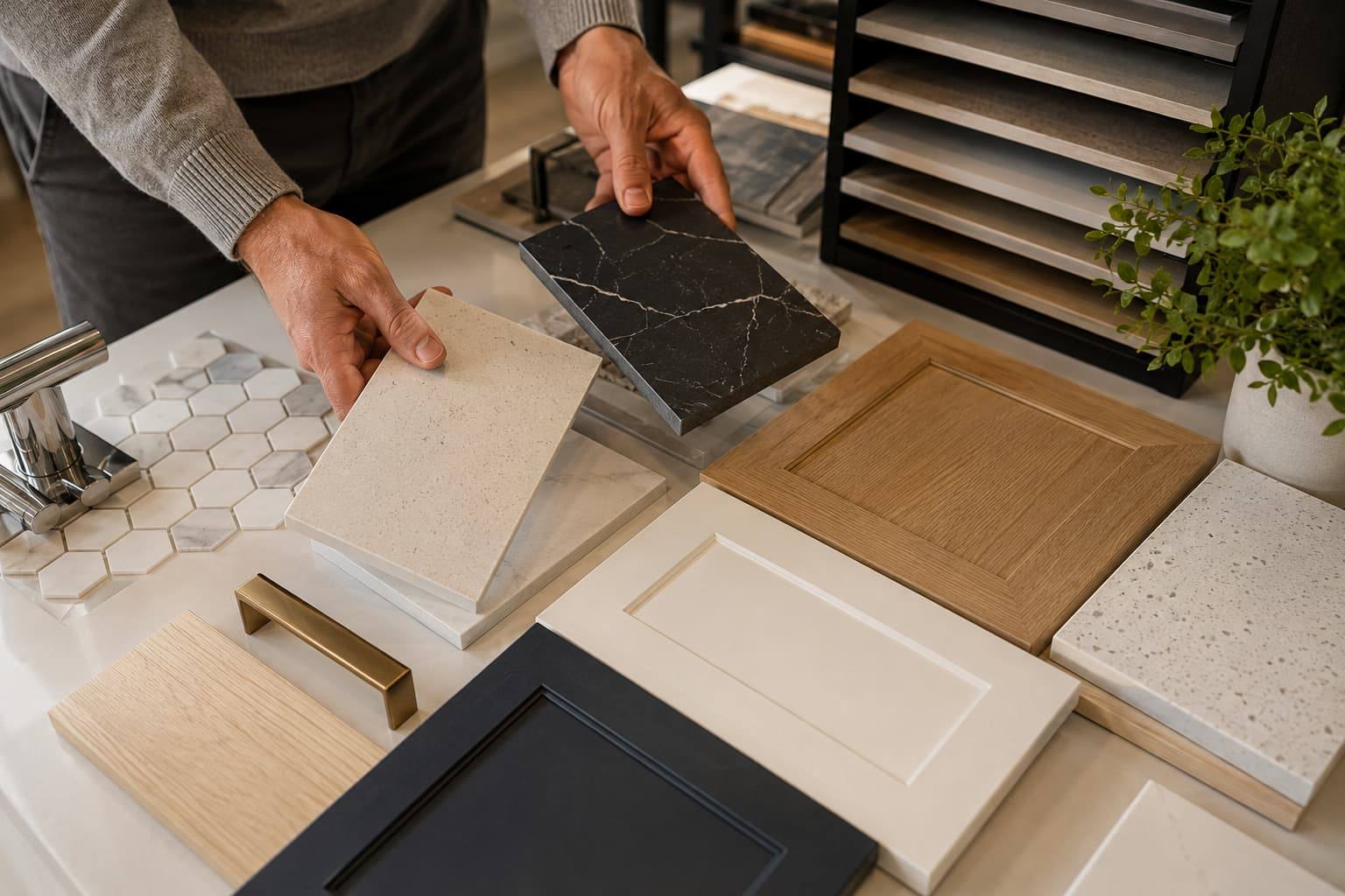 Hands comparing kitchen cabinetry, benchtop and tile samples during a design selection appointment