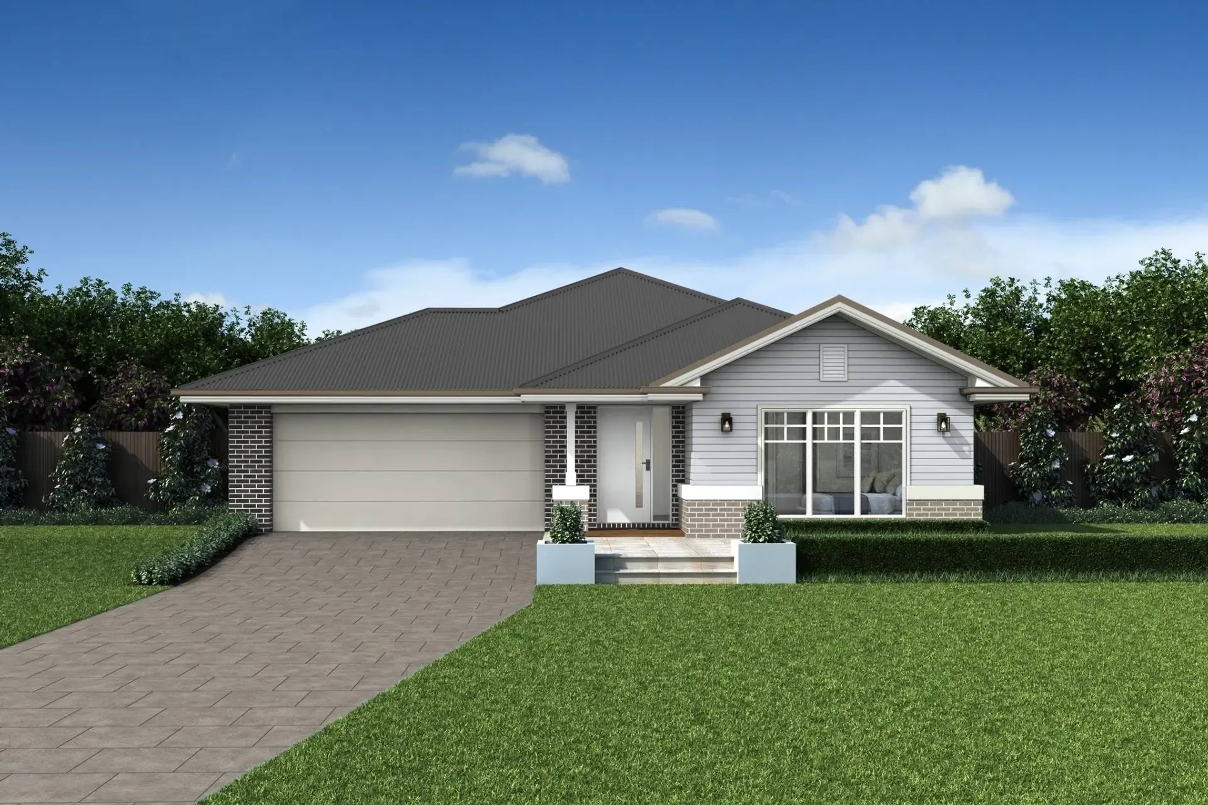 Single storey three bedroom home with modern gable façade and single garage.