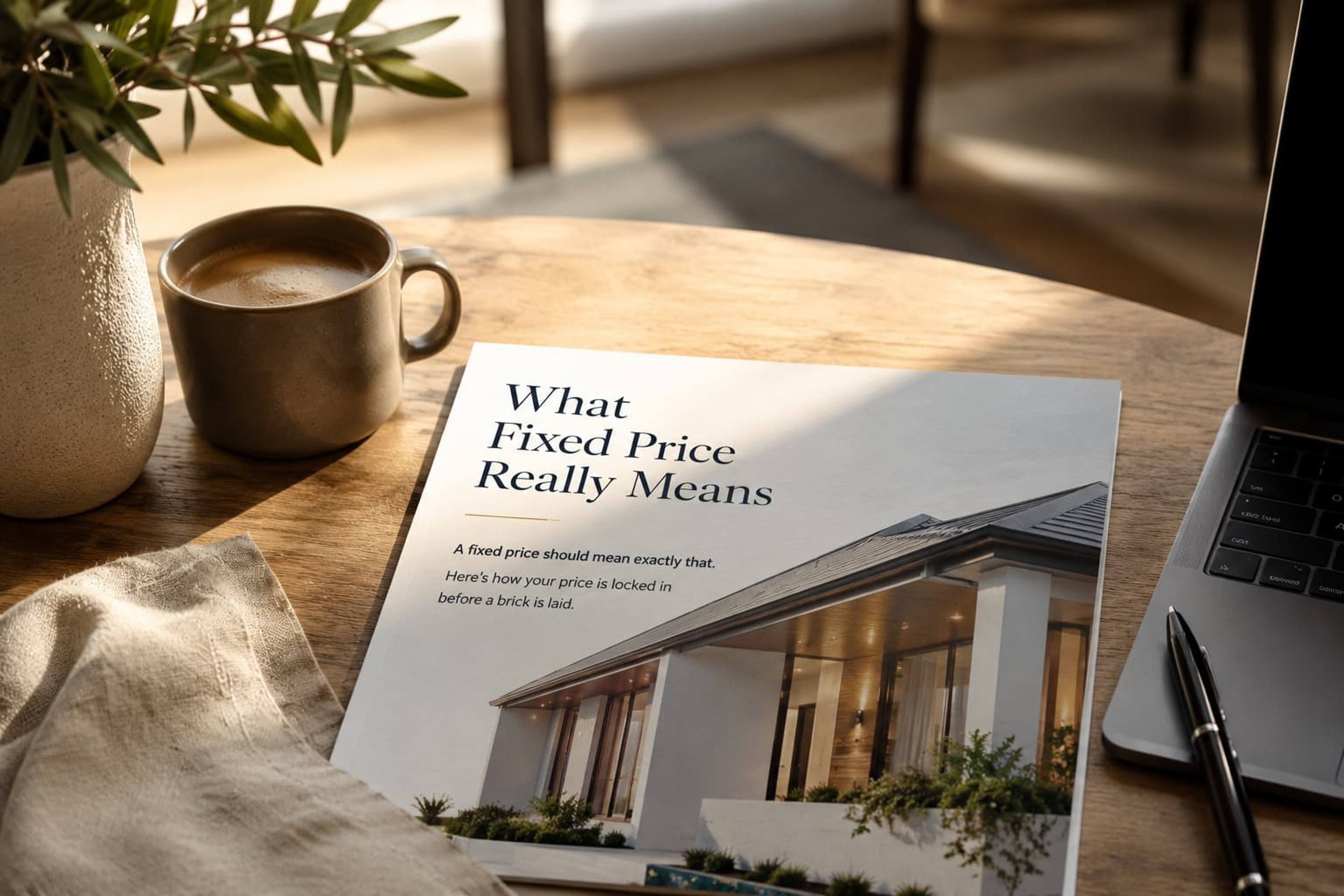 Fixed price home building guide on a wooden table beside a coffee cup and laptop.