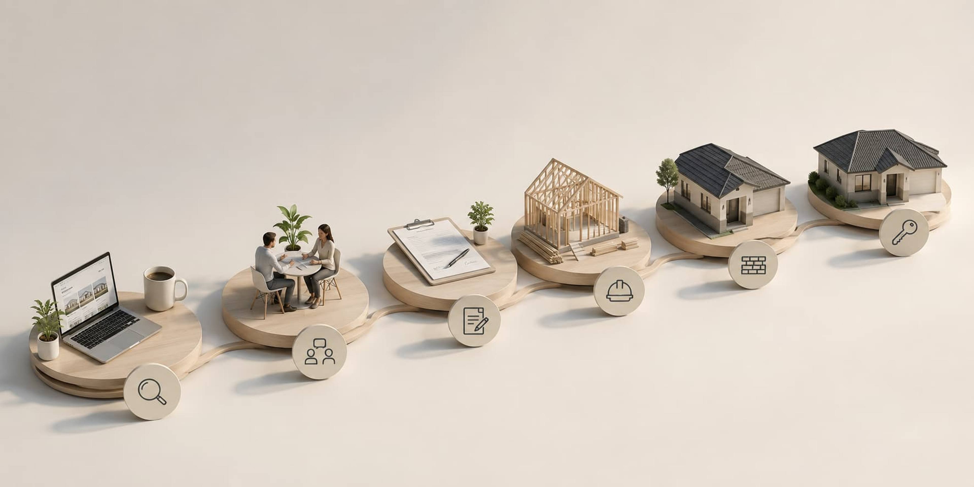 Illustration of the Homesquare home building process from consultation and planning through construction to completed home handover in Adelaide.