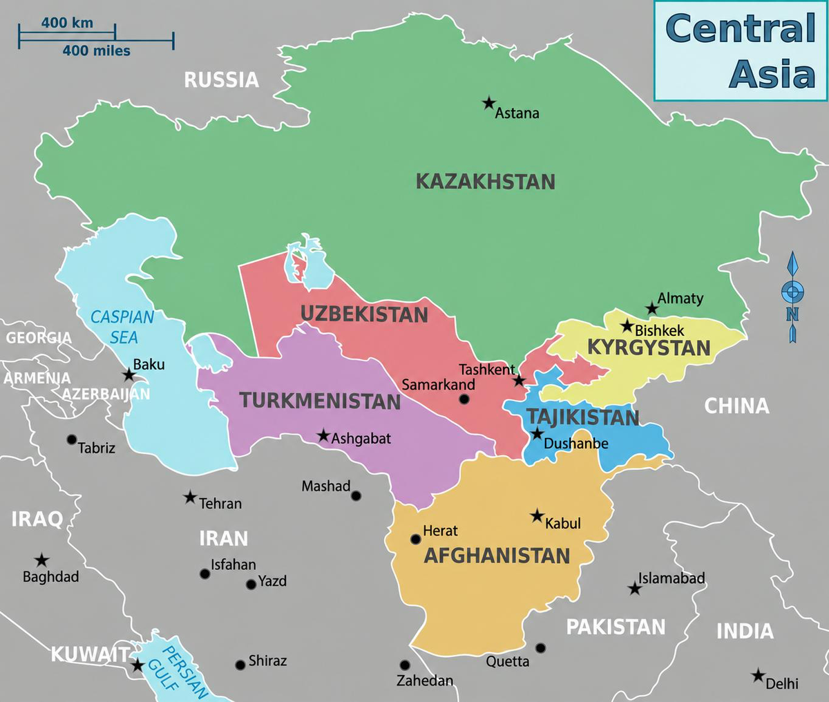 Map of Central Asia showing Kazakhstan, Uzbekistan, Turkmenistan, Kyrgyzstan, Tajikistan, Afghanistan, and neighbouring countries.