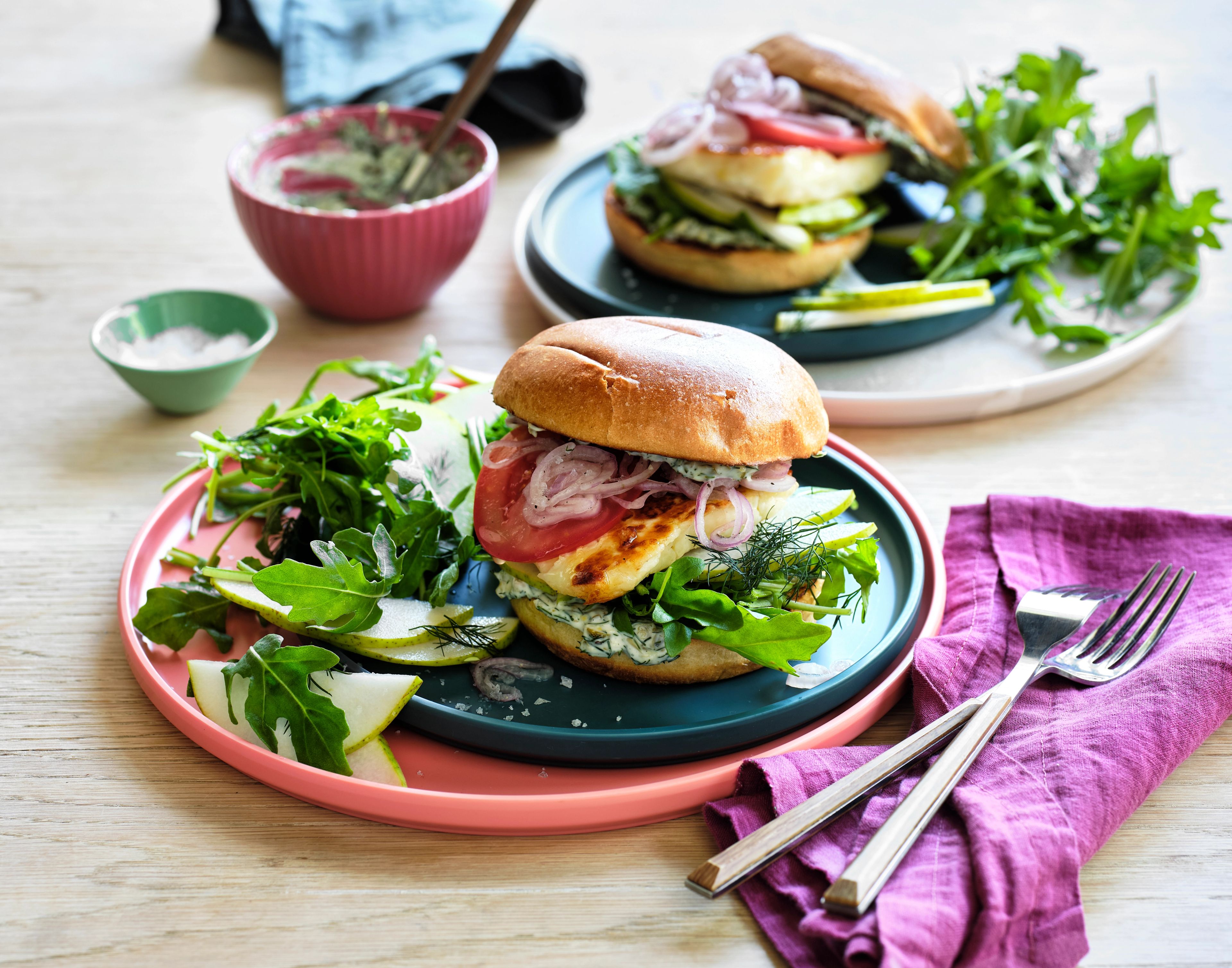 Fried Halloumi Burger with Pear and Rocket Salad