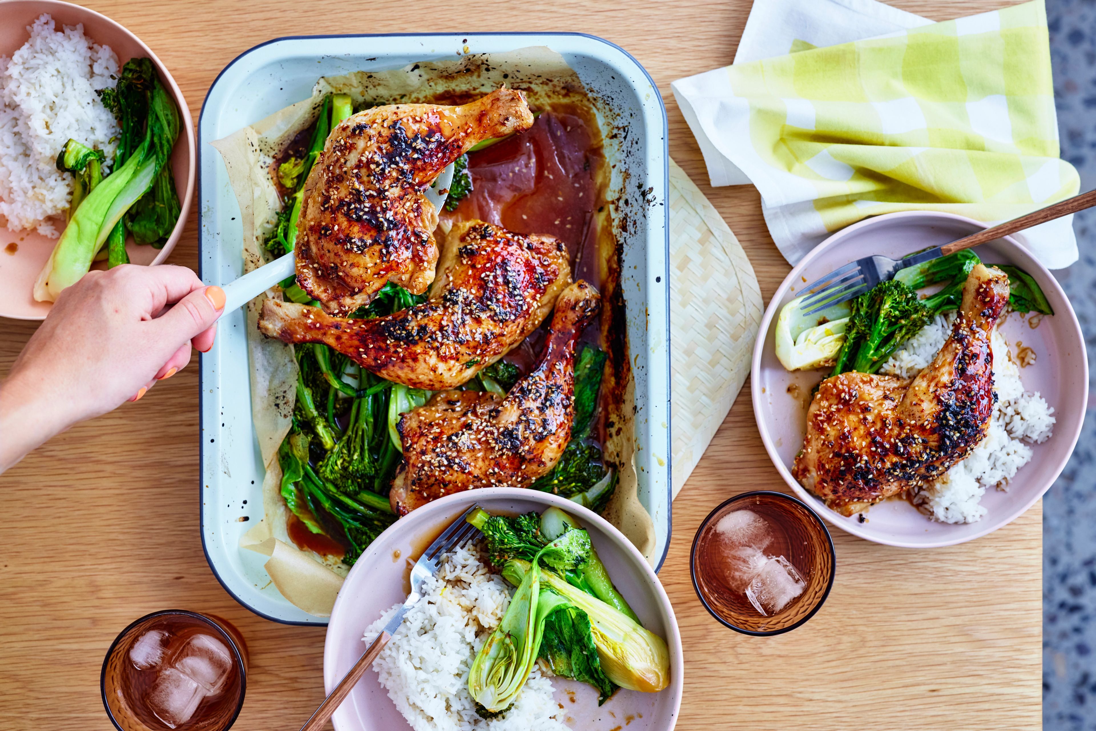 Sticky Roasted Soy and Honey Chicken with Greens and Rice
