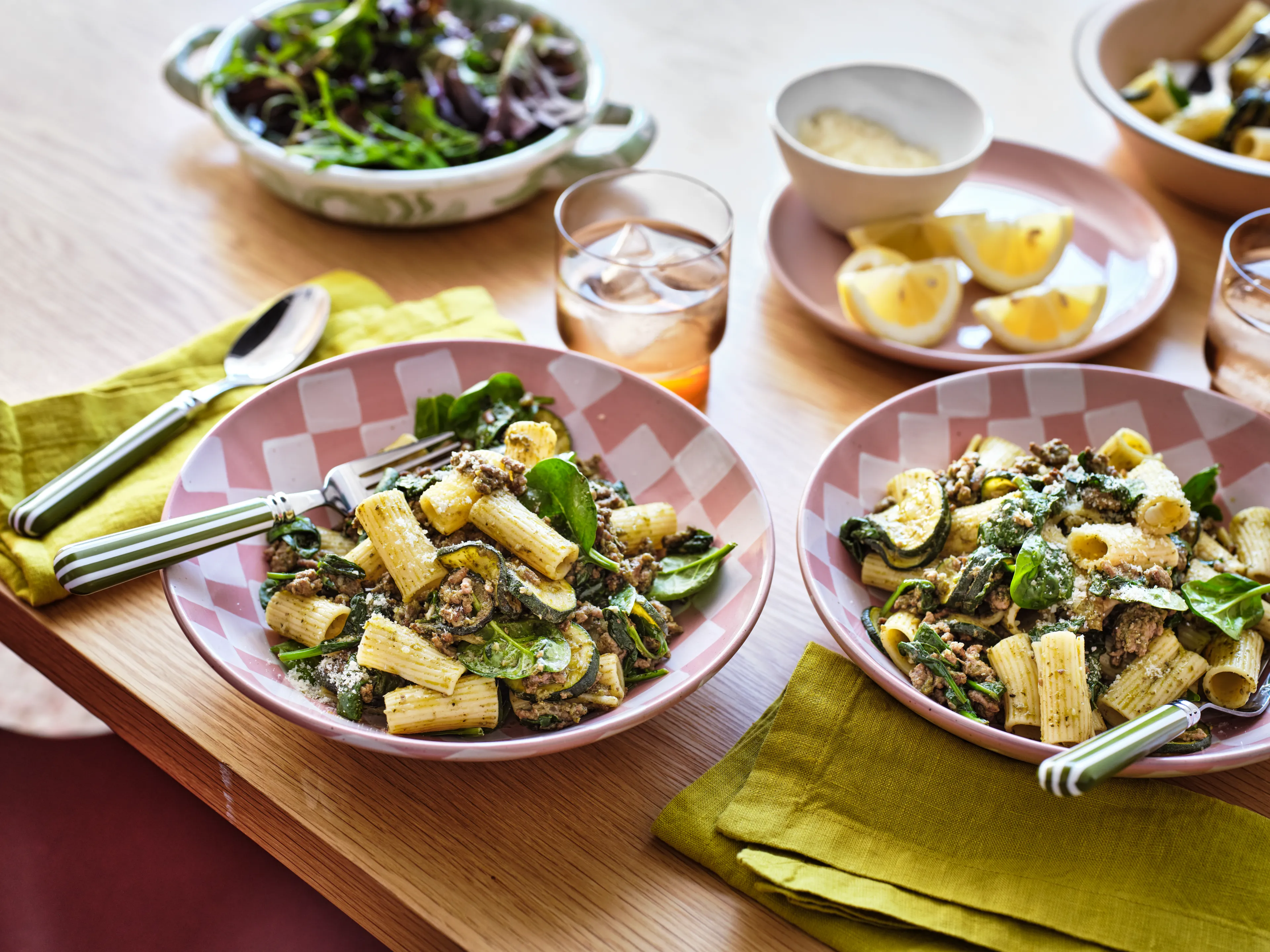 Basil Beef and Spinach Rigatoni with Salad