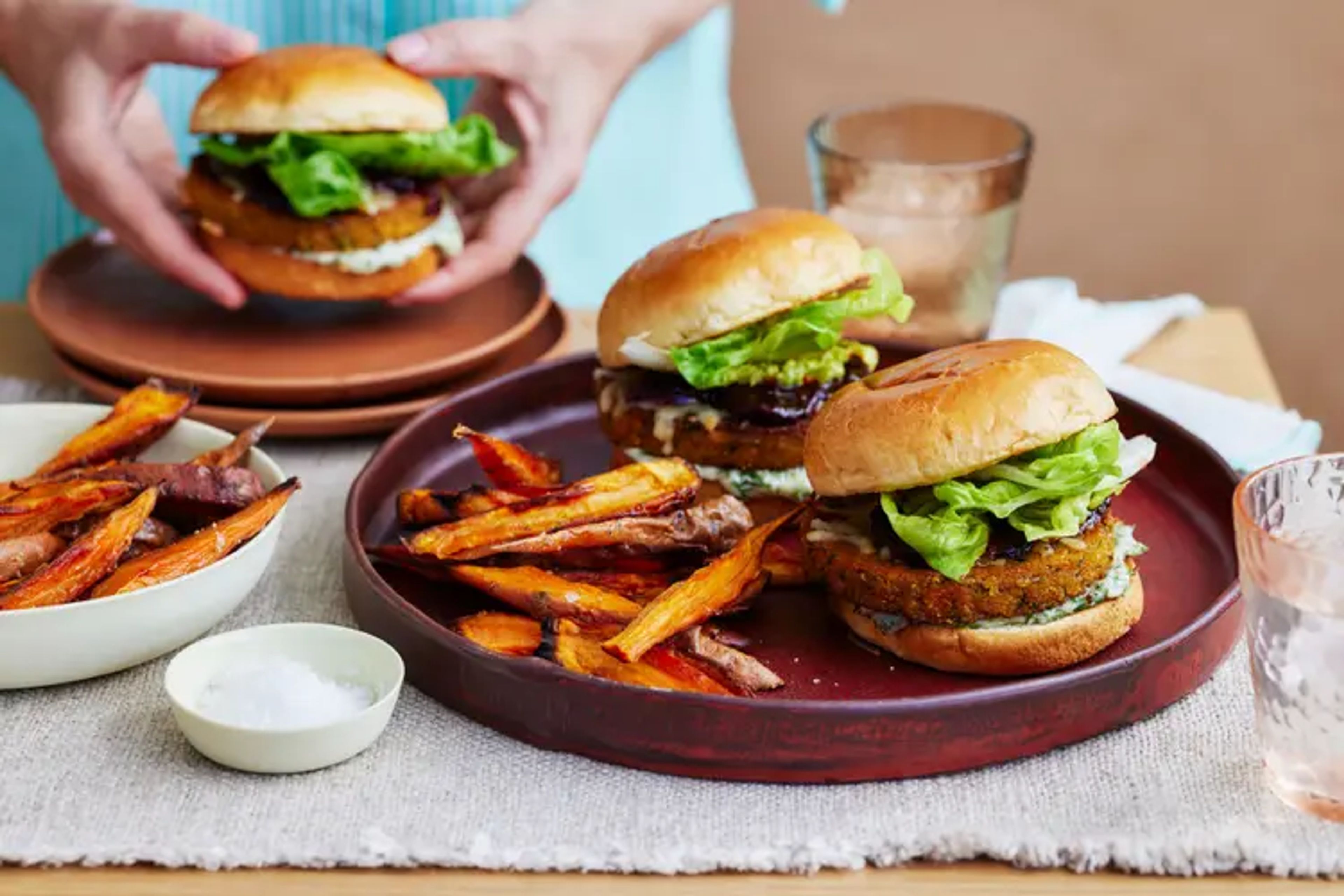 Cheesy Chickpea Burgers with Dill Aioli and Wedges