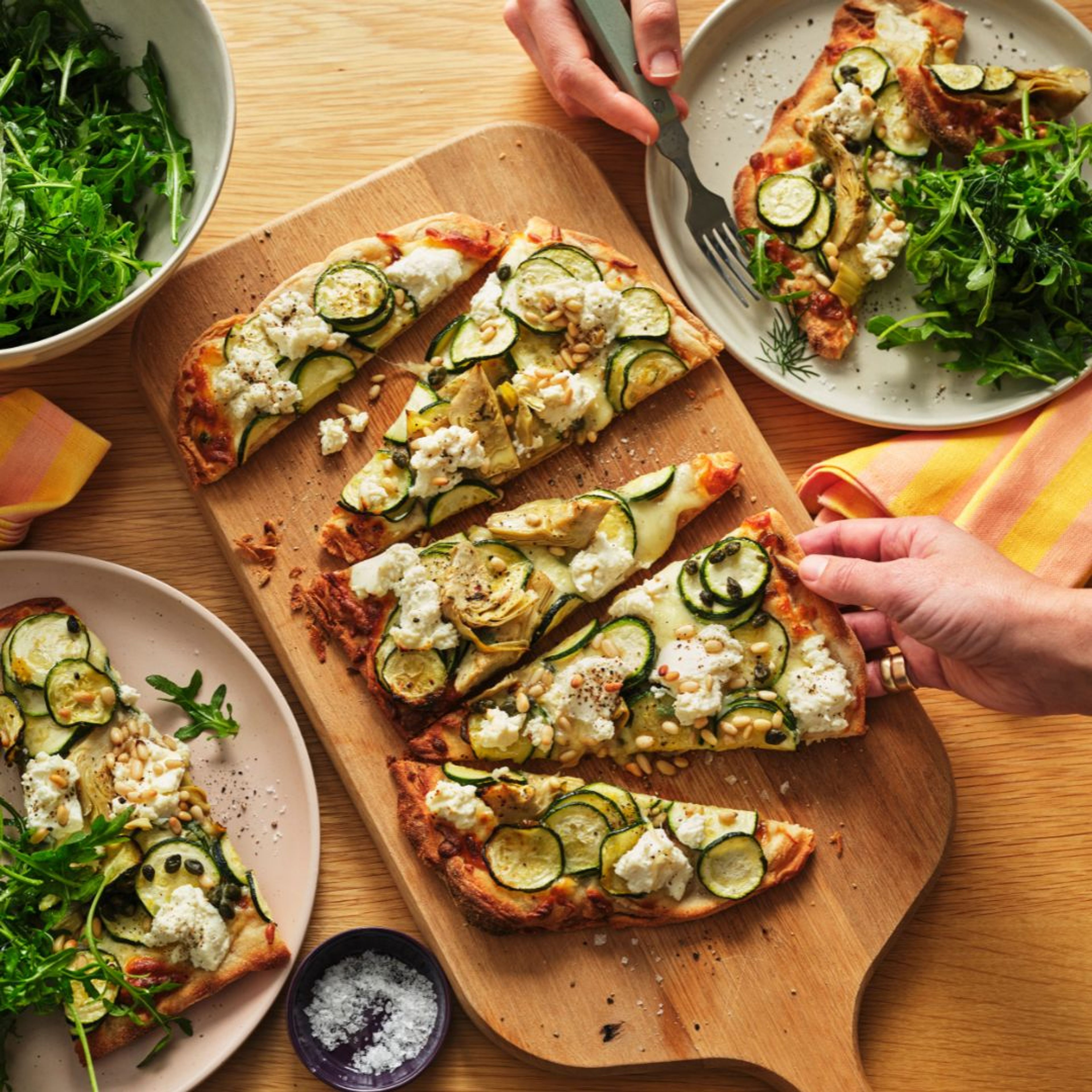 zucchini, ricotta and artichoke pizza
