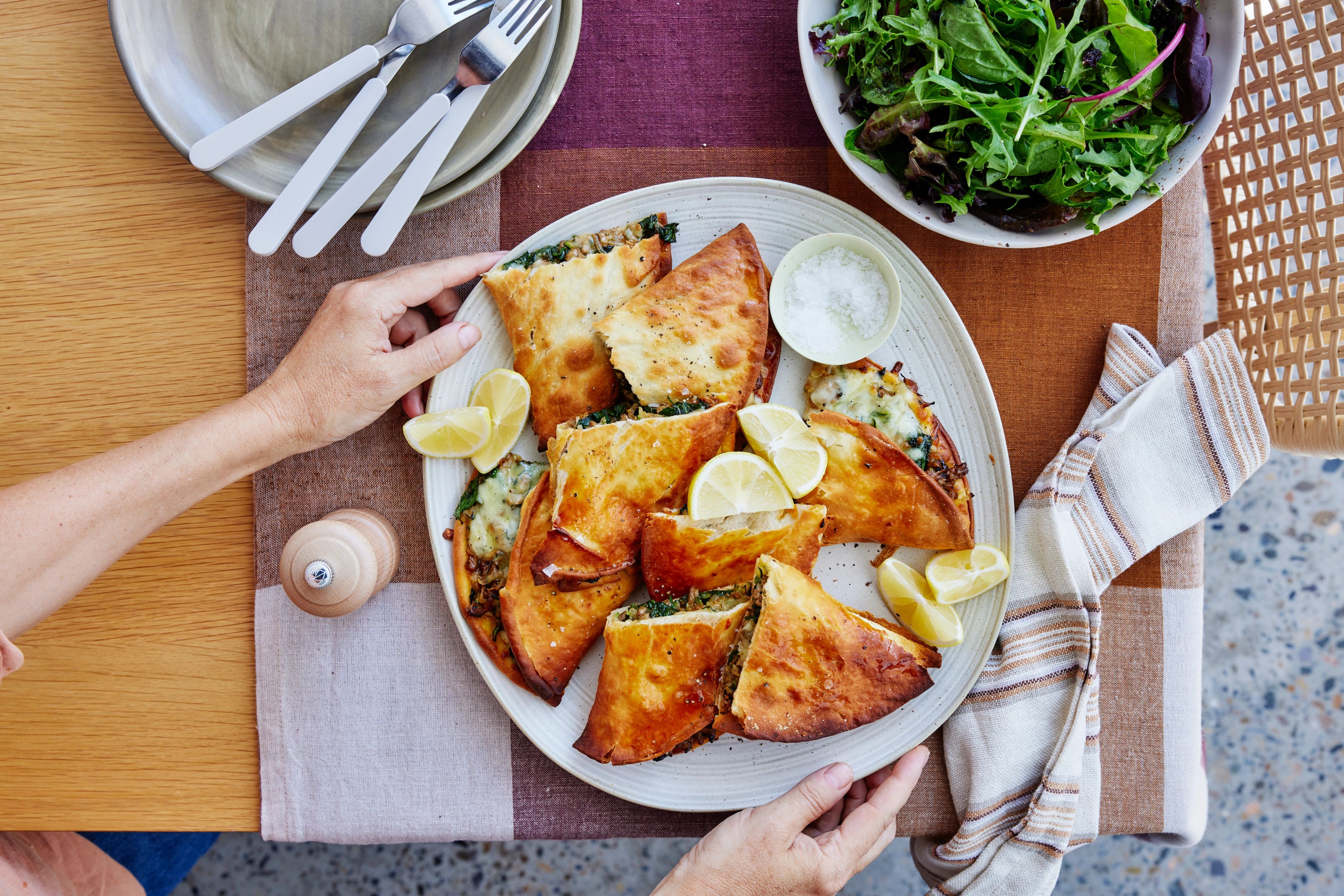 Cheesy Greens Gozleme with Sumac Salad