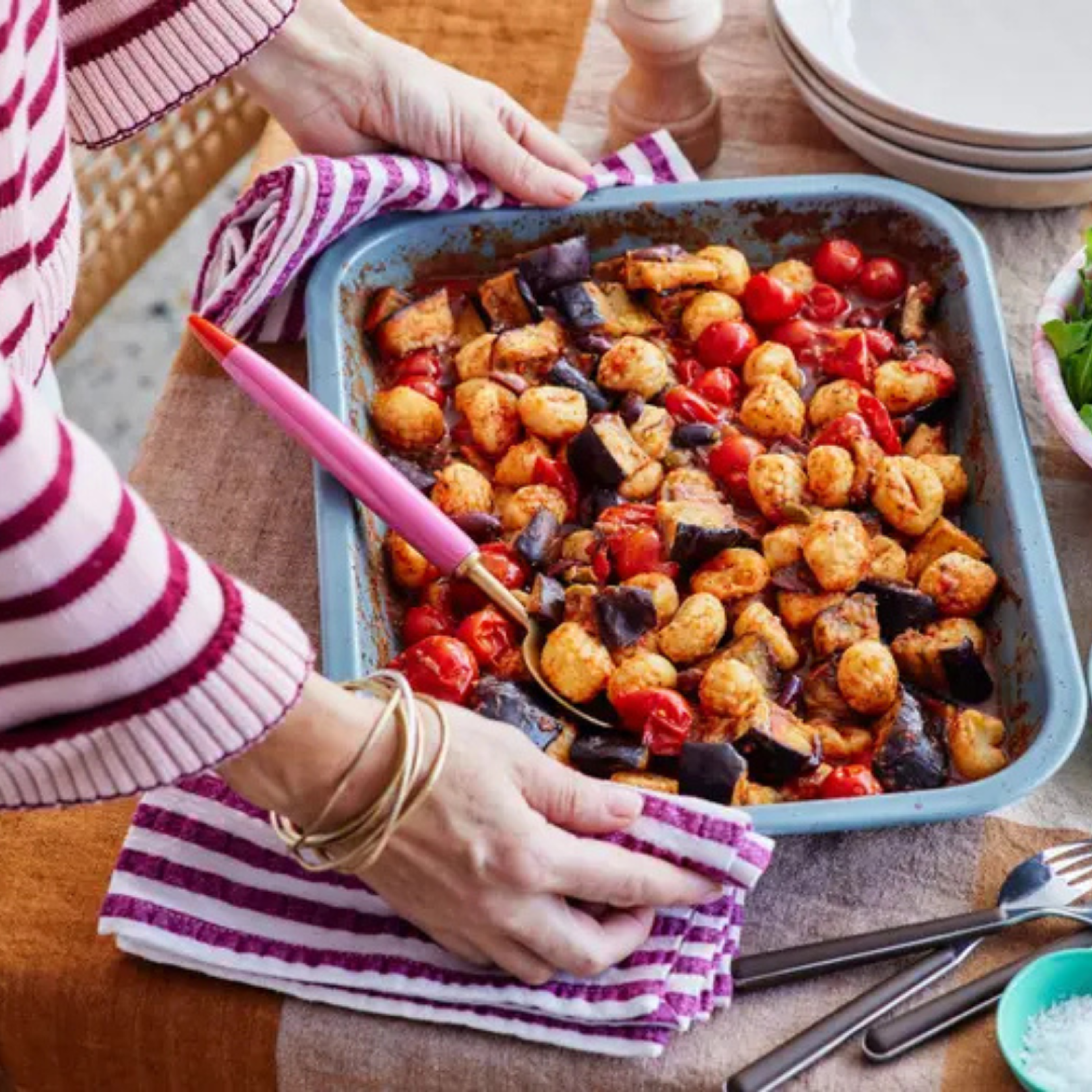 Tray-Baked Eggplant Puttanesca Gnocchi