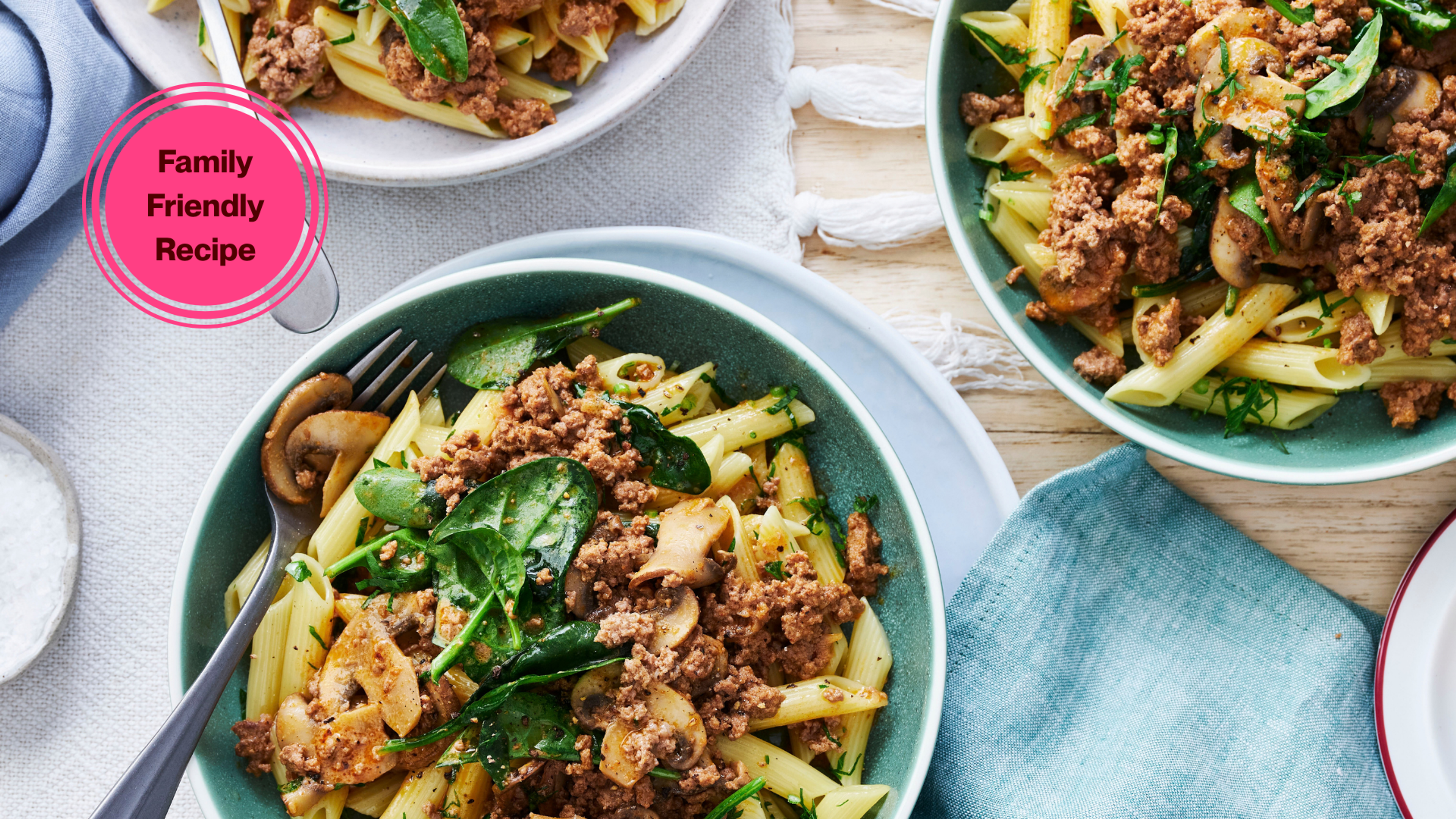 Quick Beef Stroganoff with Spinach and Parsley Penne