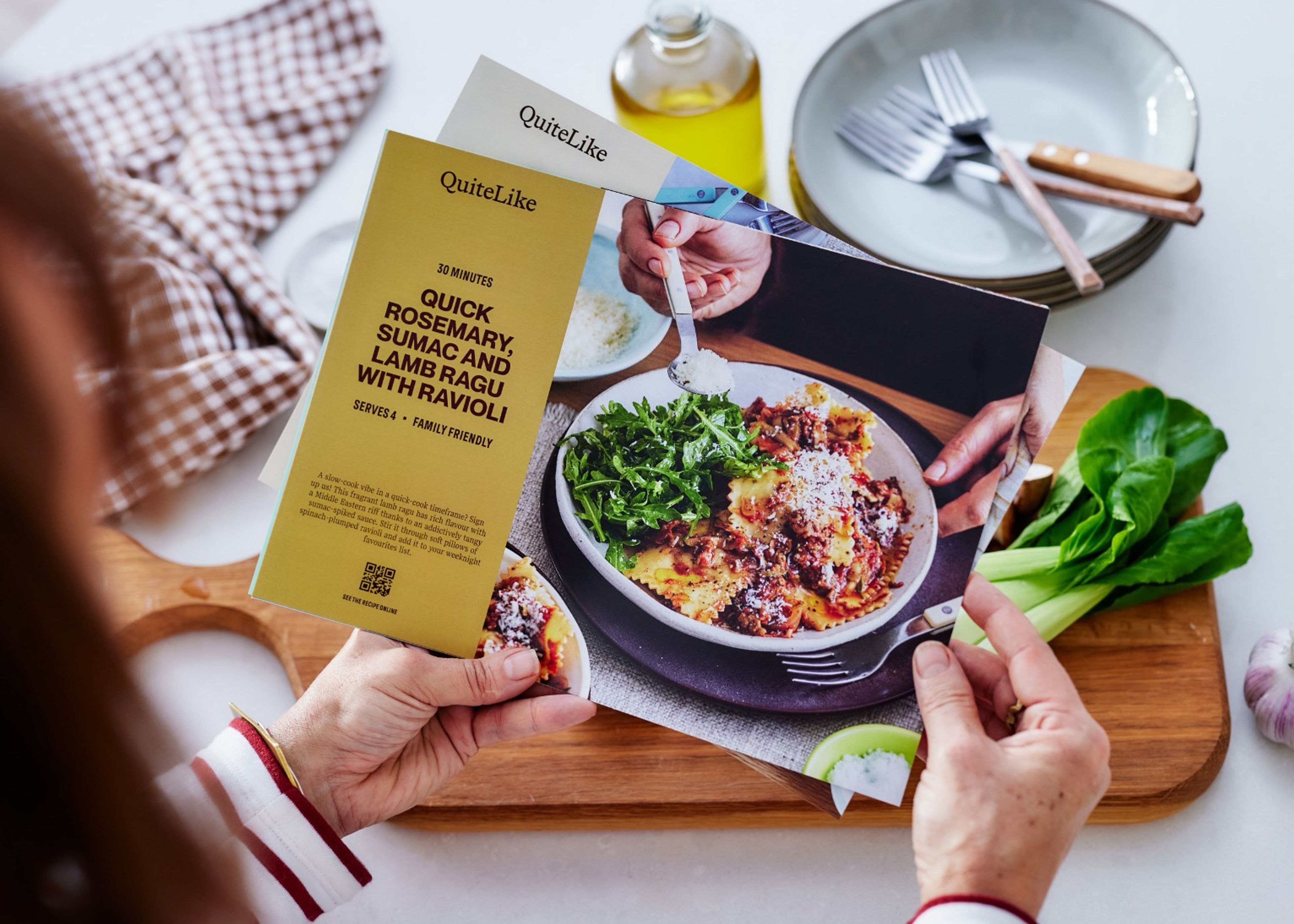 Recipe card of quick rosemary, sumac and lamb ragu with ravioli