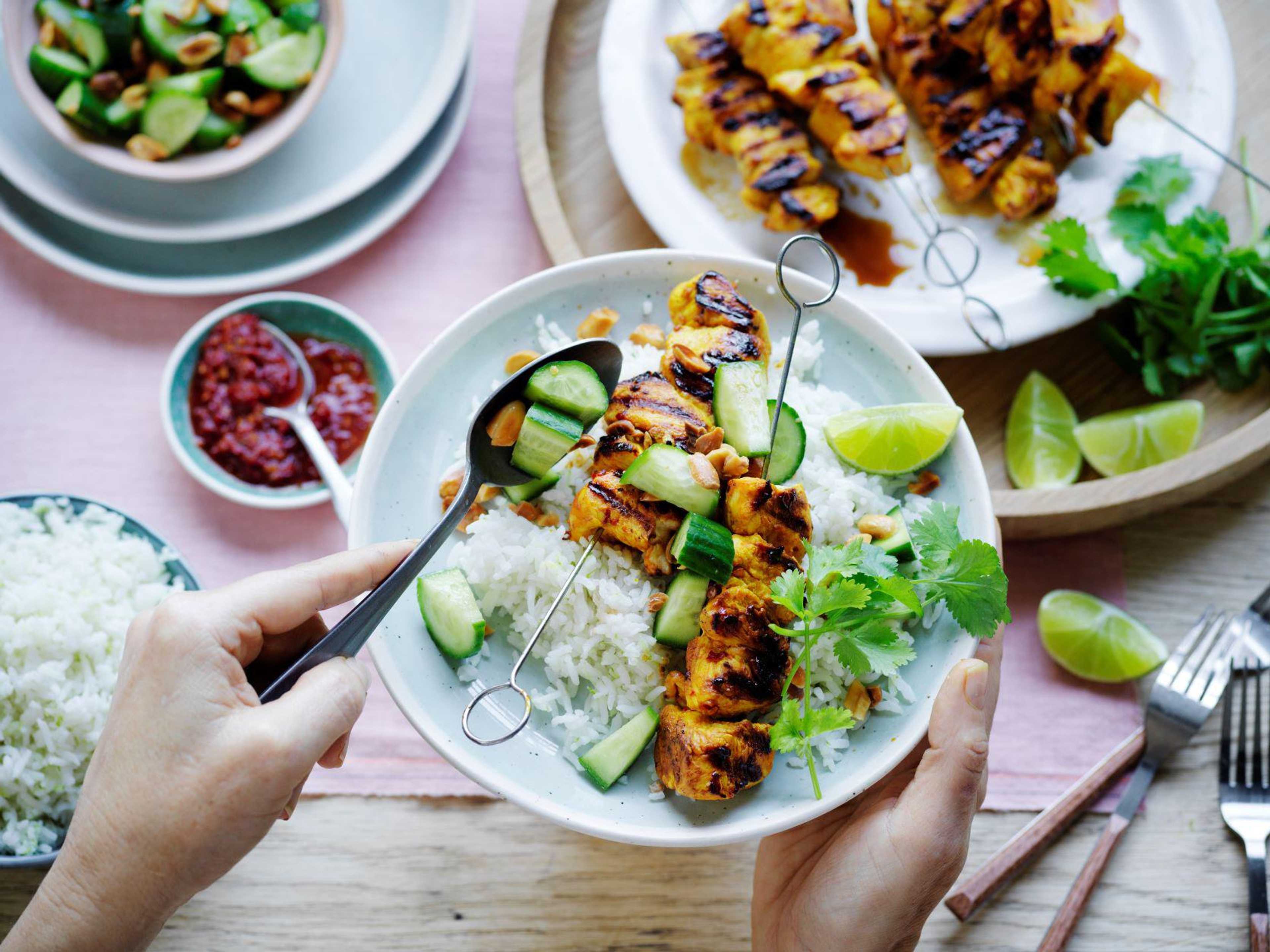 Turmeric Chicken Skewers with Lime and Coconut Rice