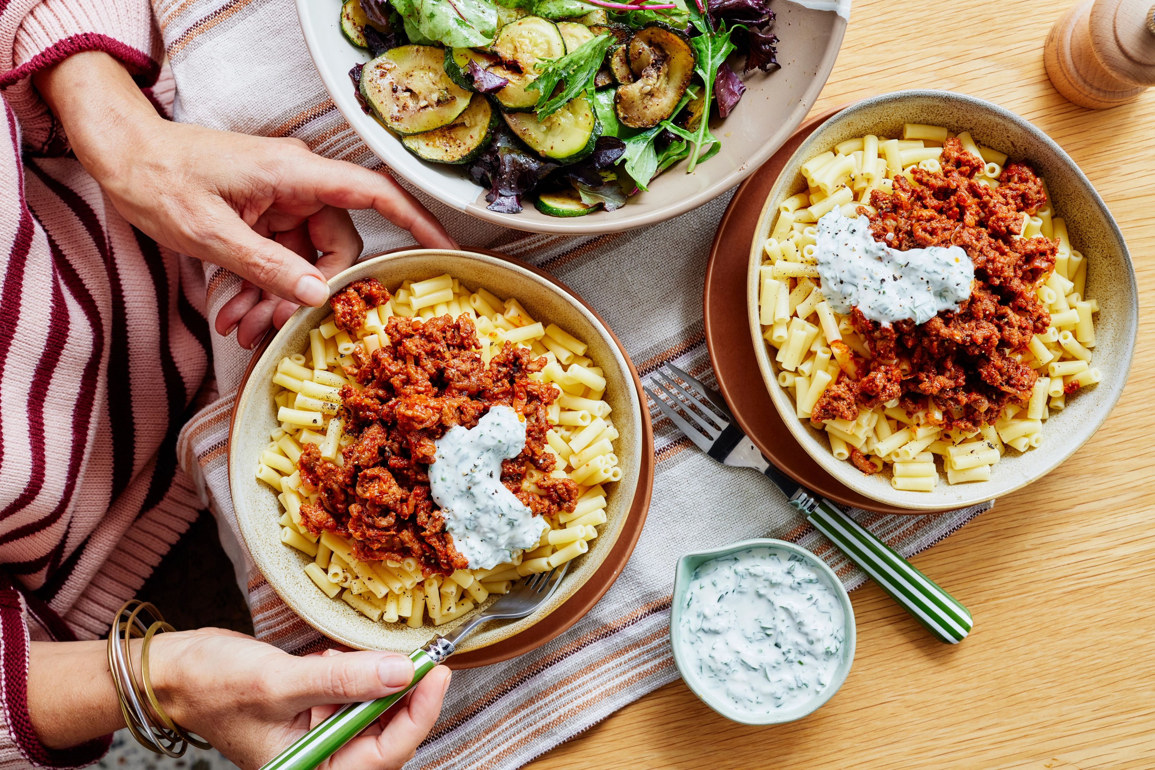 Turkish Lamb Pasta with Yogurt Sauce and Zucchini Salad