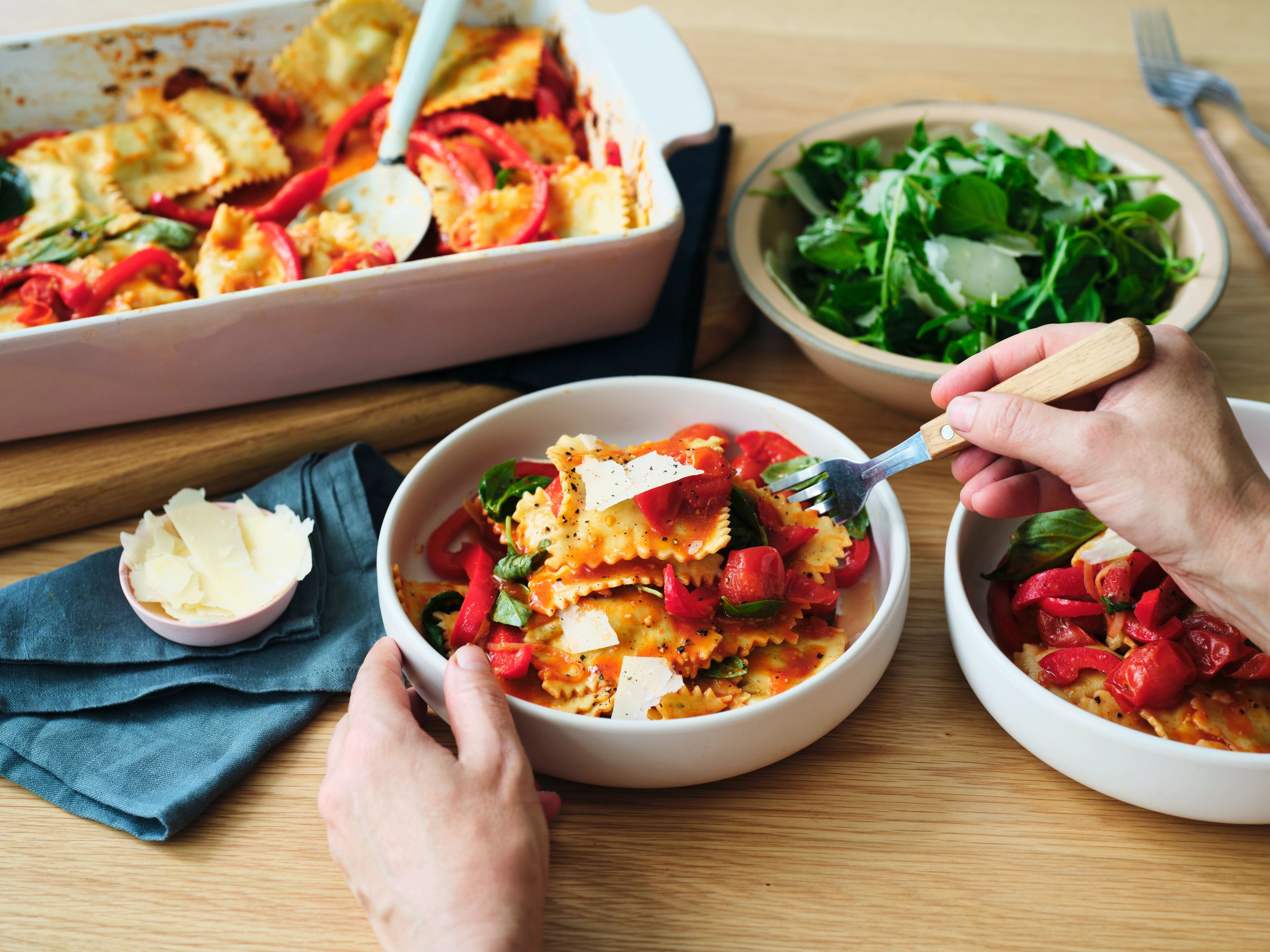 Spinach and Feta Ravioli with Blistered Tomato and Basil Sauce