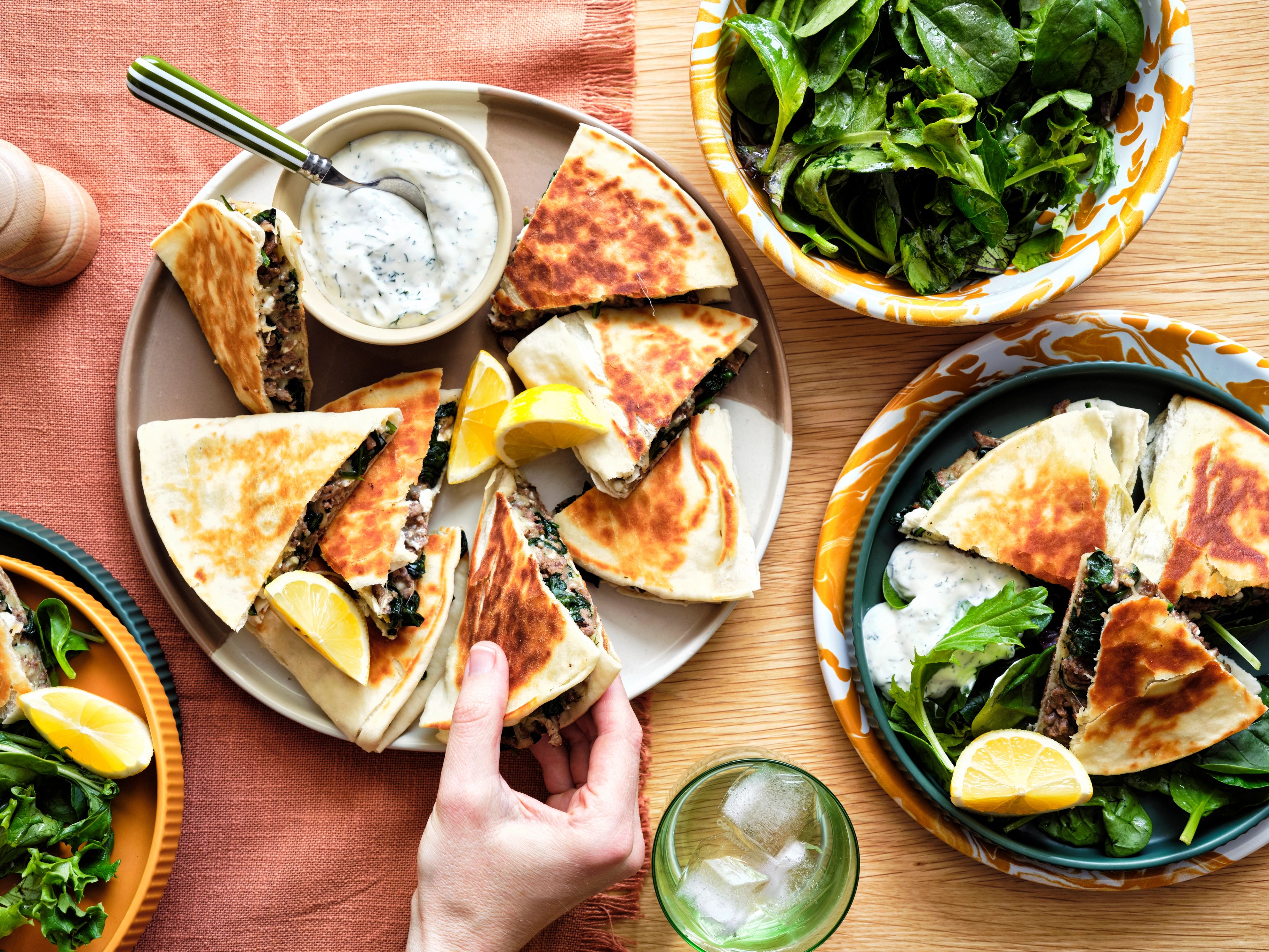 Beef Spanakopita Flatbreads with Dill Yoghurt