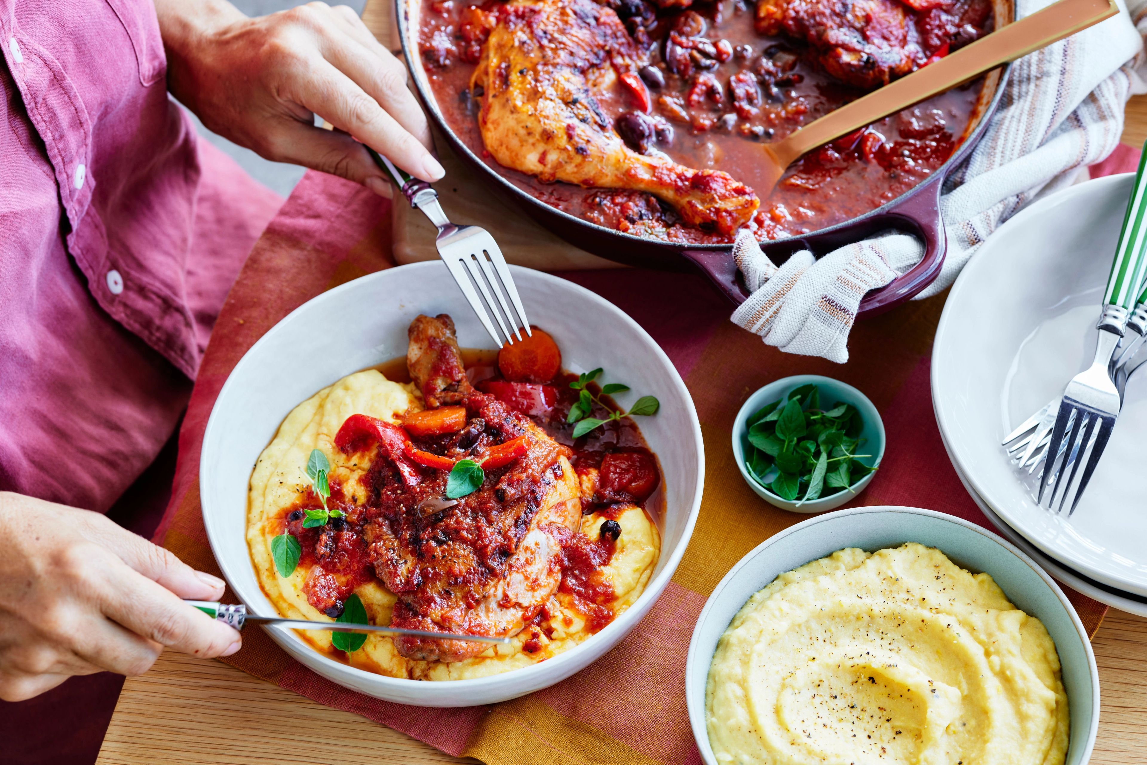 Slow-Cooked Braised Spanish Chicken with Creamy Corn Polenta