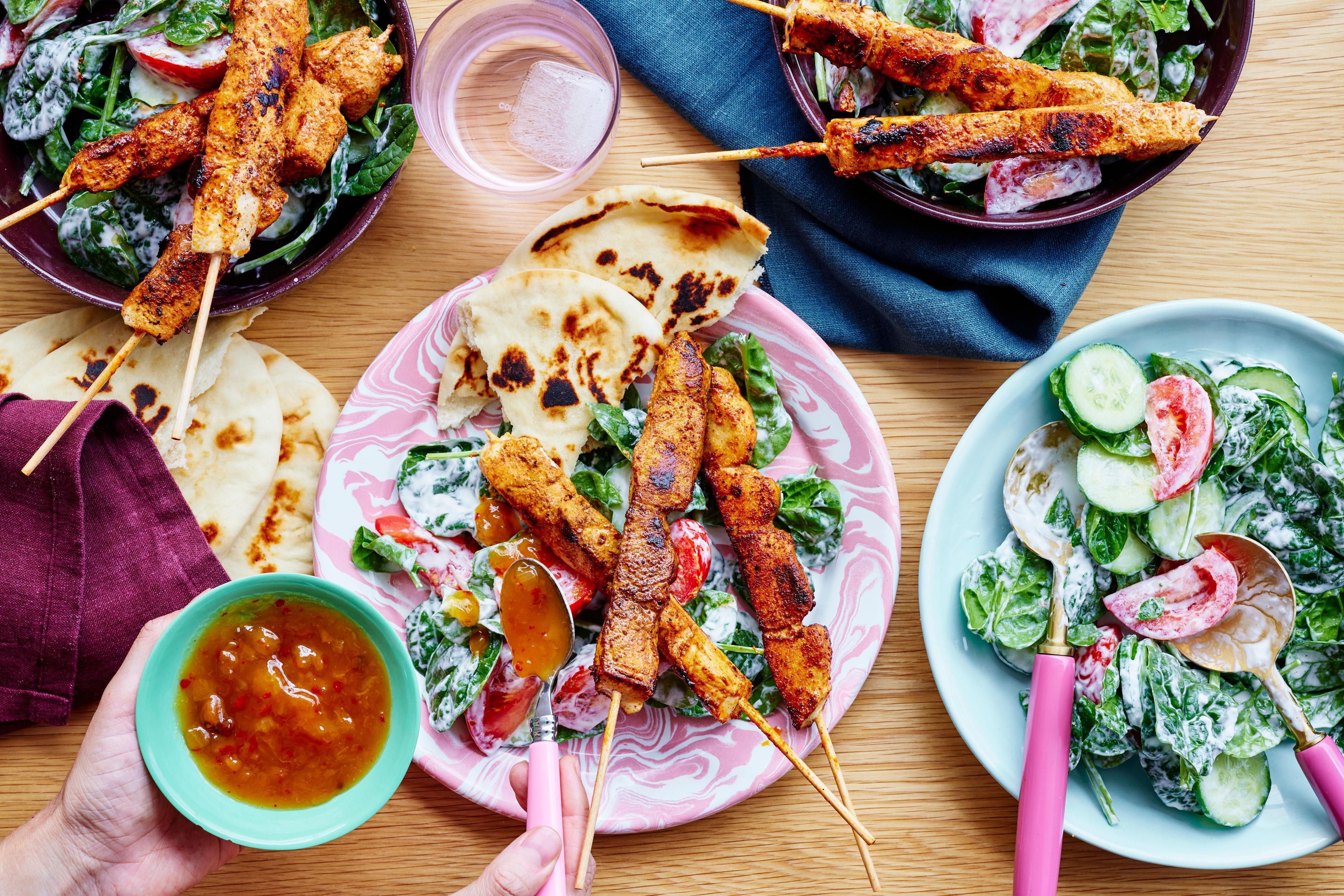 Chicken Tikka Skewers with Cucumber Yoghurt Salad and Naan