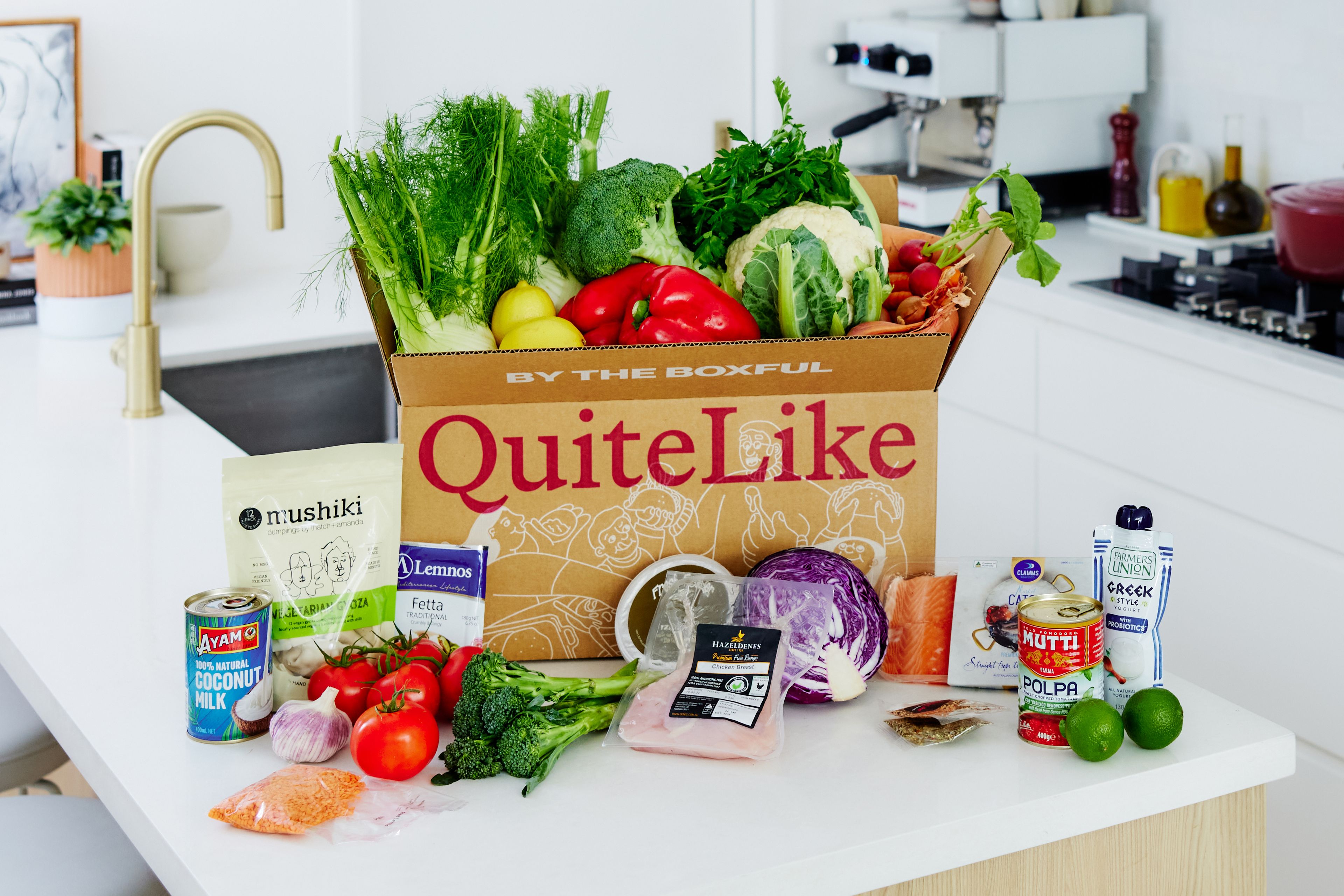 quitelike meal kit box with fresh ingredients on kitchen counter