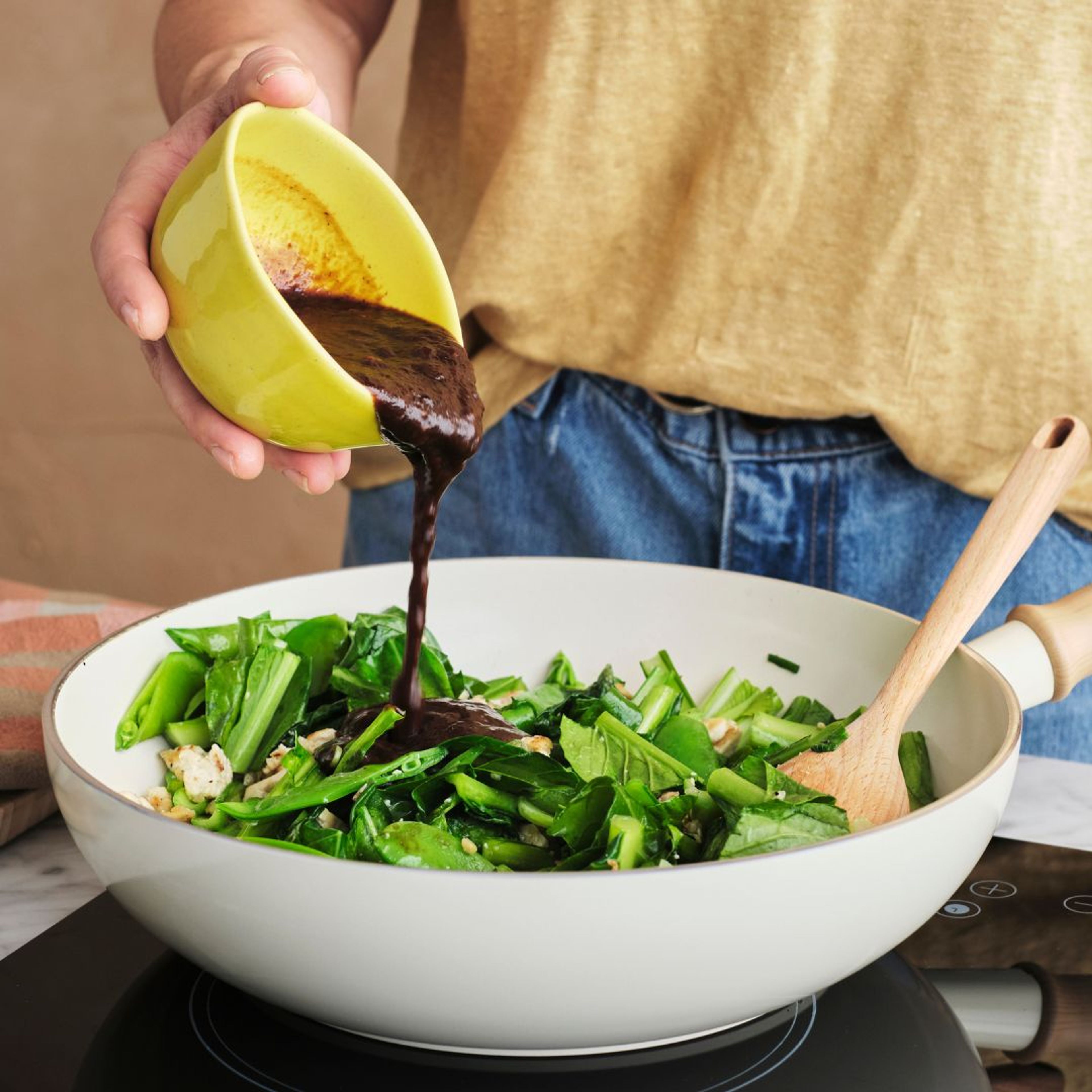 black bean tofu with greens and sesame rice