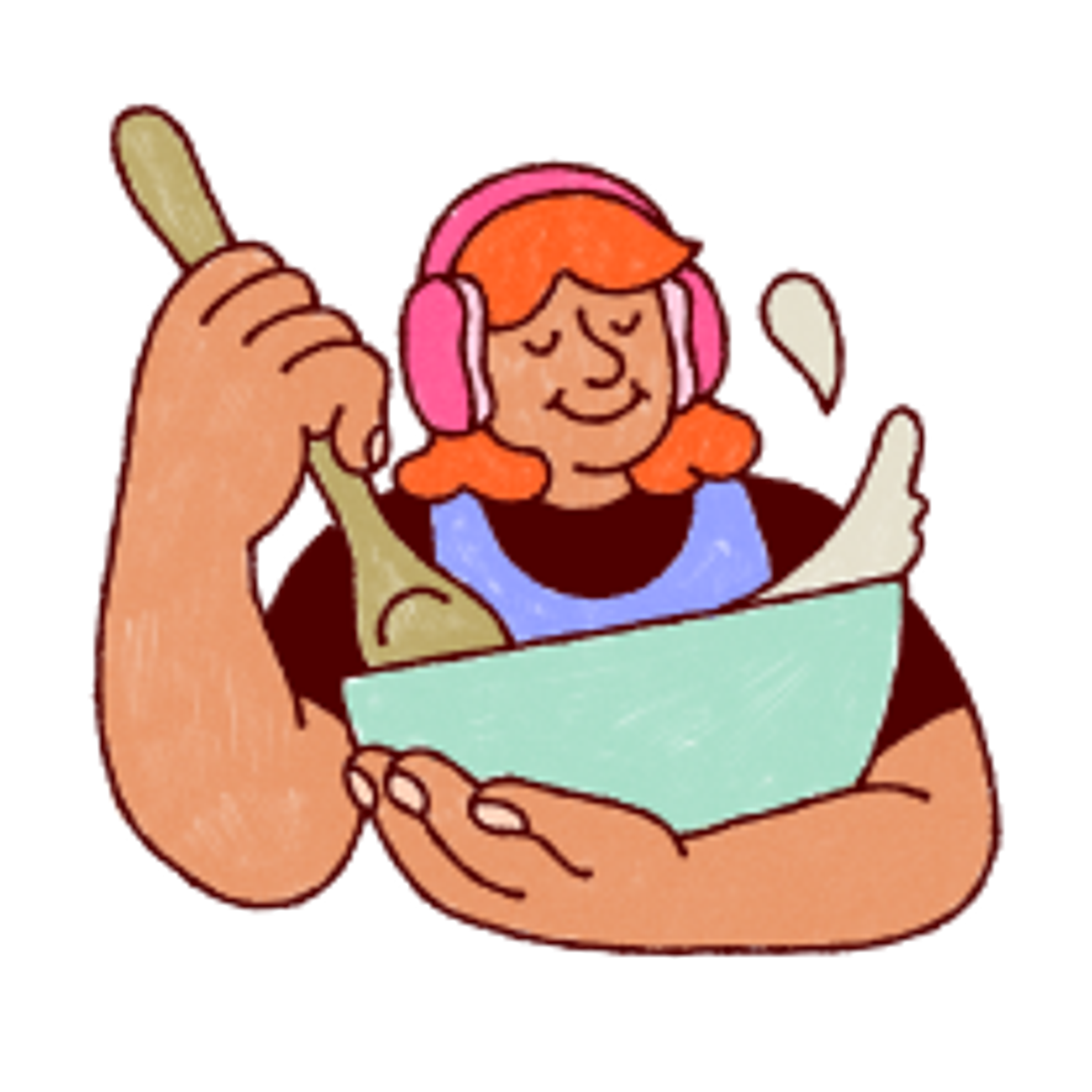 A colourful illustration of a girl mixing in a mixing bowl