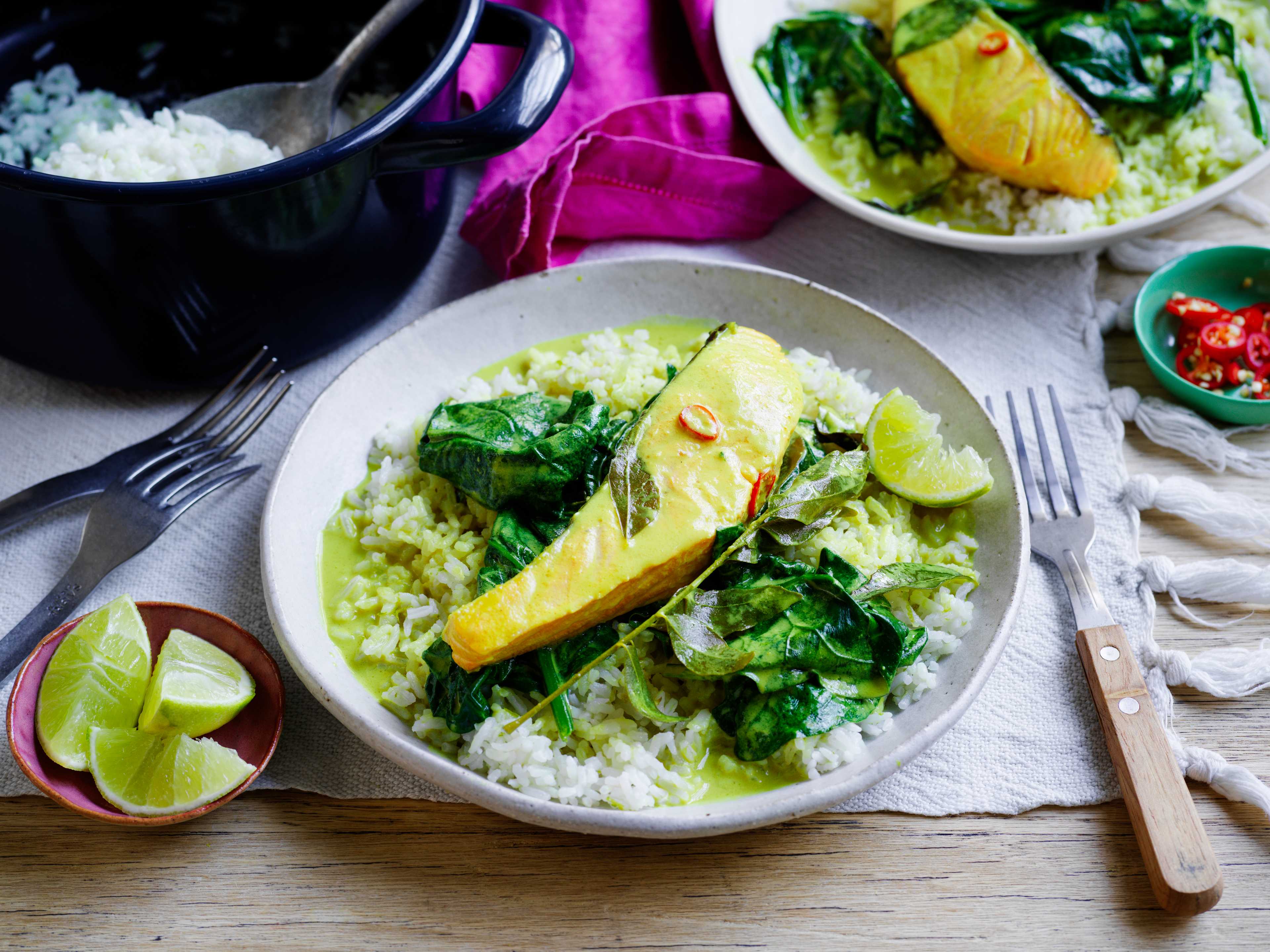 Poached Turmeric Salmon with Coconut Rice and Spinach