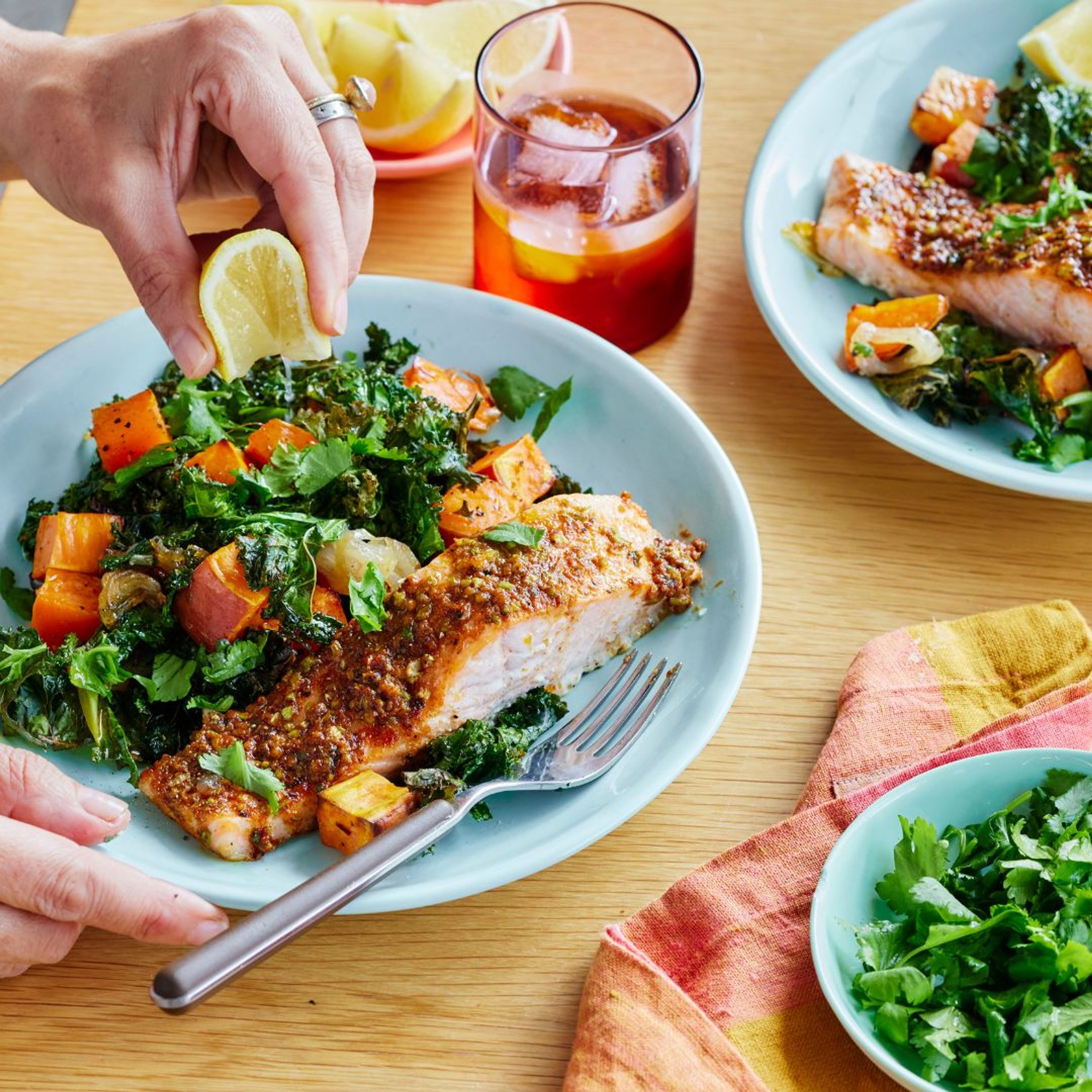 southwest butter salmon with sweet potato and kale hash
