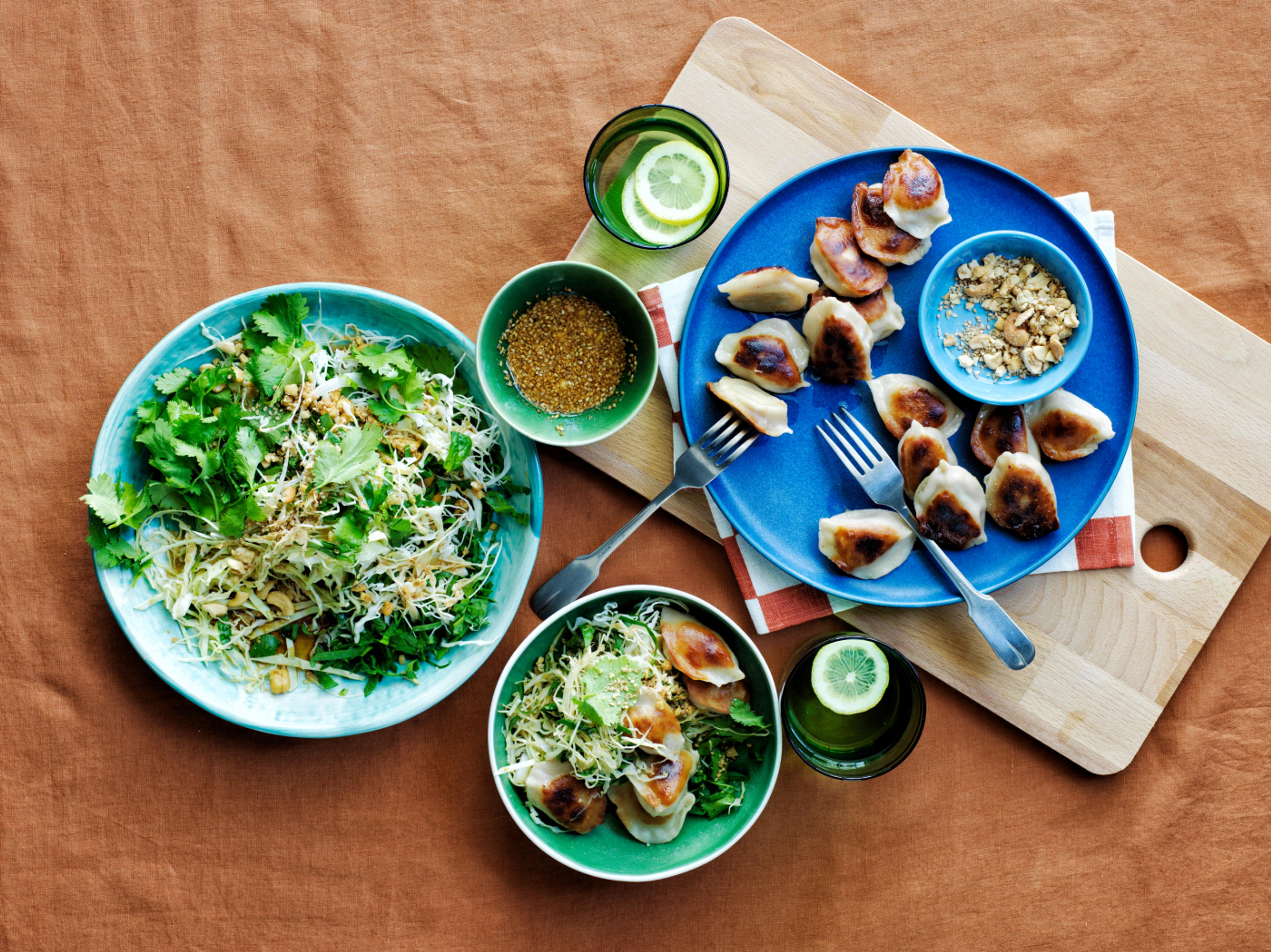Pork and Shallot Dumplings with Nutty Sesame Slaw